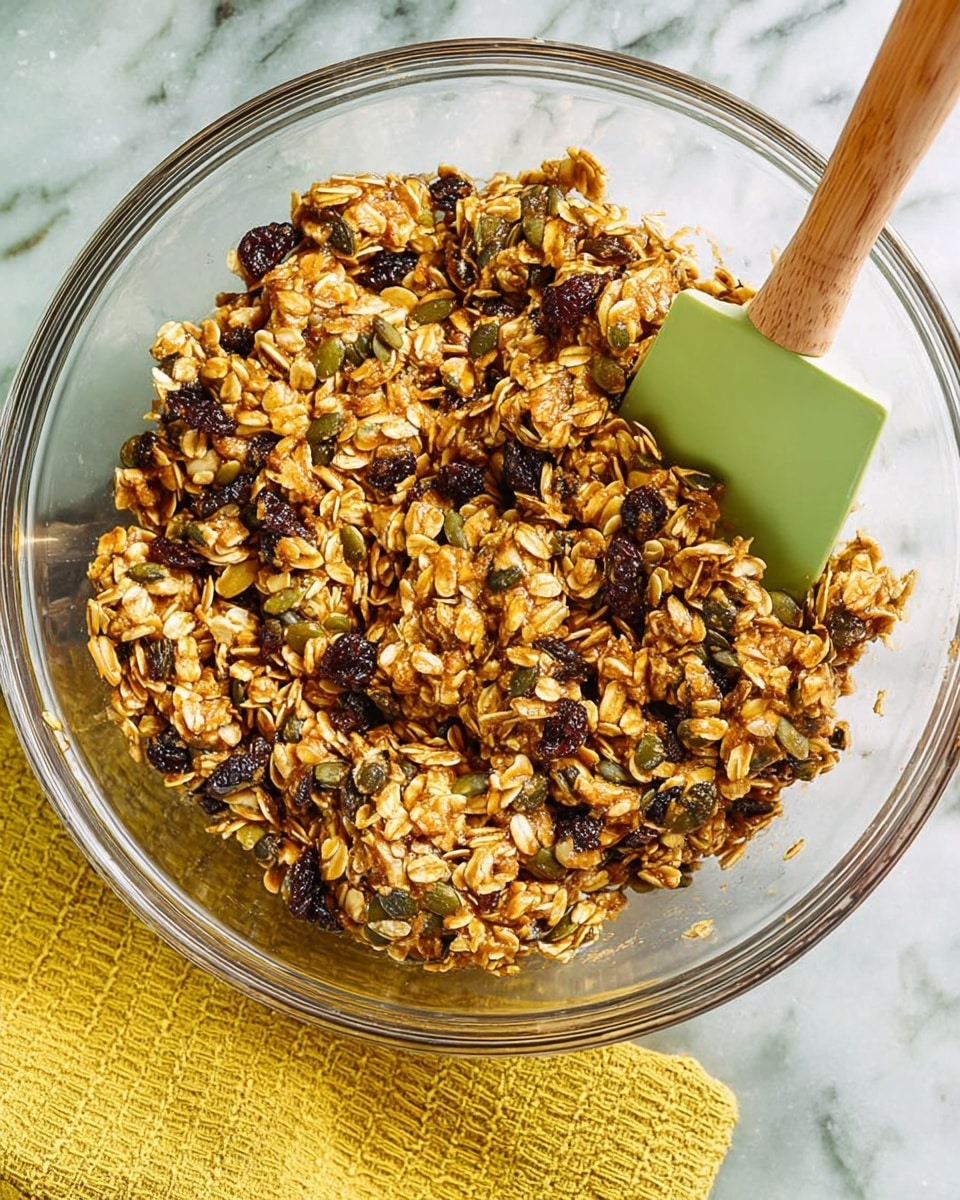 A clear glass bowl filled with a thick mix of golden brown oats, dark raisins, light almond slices, and green pumpkin seeds, all blended together to form chunky clusters. A green spatula with a wooden handle is inserted into the mixture on the right side, resting against the bowl's edge. The bowl is placed on a white marbled surface with a yellow textured cloth in the lower-left corner nearby. photo taken with an iphone --ar 4:5 --v 7