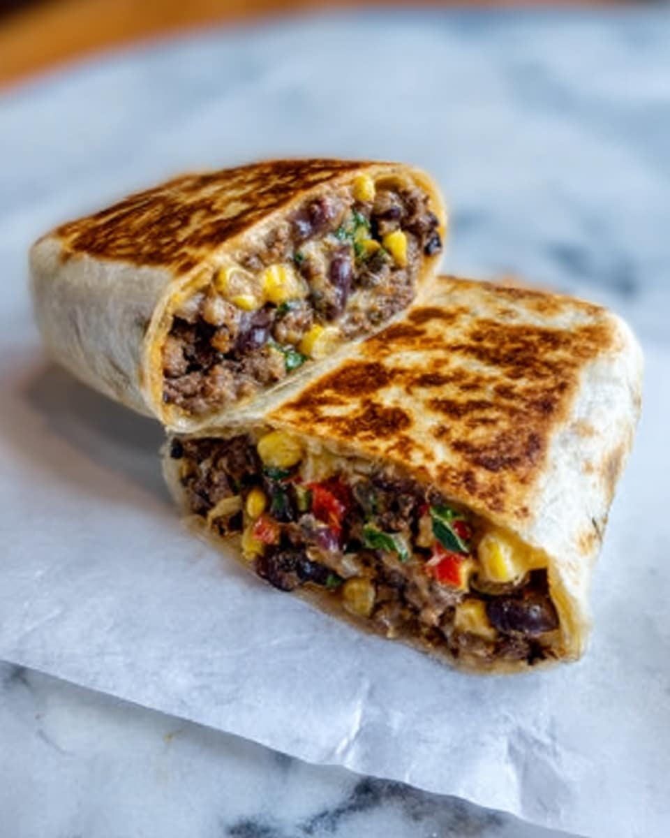 The image shows a close-up of a burrito that is sliced in half and placed on white wax paper. The burrito is filled with layers of brown beans mixed with small pieces of yellow corn, diced red tomatoes, green herbs, and bits of dark brown meat. The tortilla wrap outside is golden brown and slightly crispy with pan-grilled marks. The green herbs and yellow corn add small pops of color within the mainly brown filling. In the background, a woman's hand is holding one half of the burrito. The whole scene is set on a surface with a white marbled texture. Photo taken with an iphone --ar 4:5 --v 7
