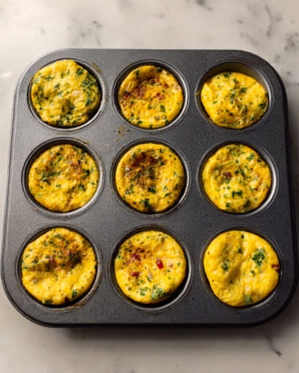 The image shows a dark gray muffin tray with nine round slots, each filled with cooked egg muffins. The egg muffins are golden yellow with green and red bits, likely herbs and vegetables, mixed inside. The muffins have a slightly rough texture on top and a few small browned spots. Some muffins are perfectly round, while others are slightly spilling over the edges, connecting with the neighboring muffins. The tray sits on a white marbled surface. Photo taken with an iphone --ar 4:5 --v 7