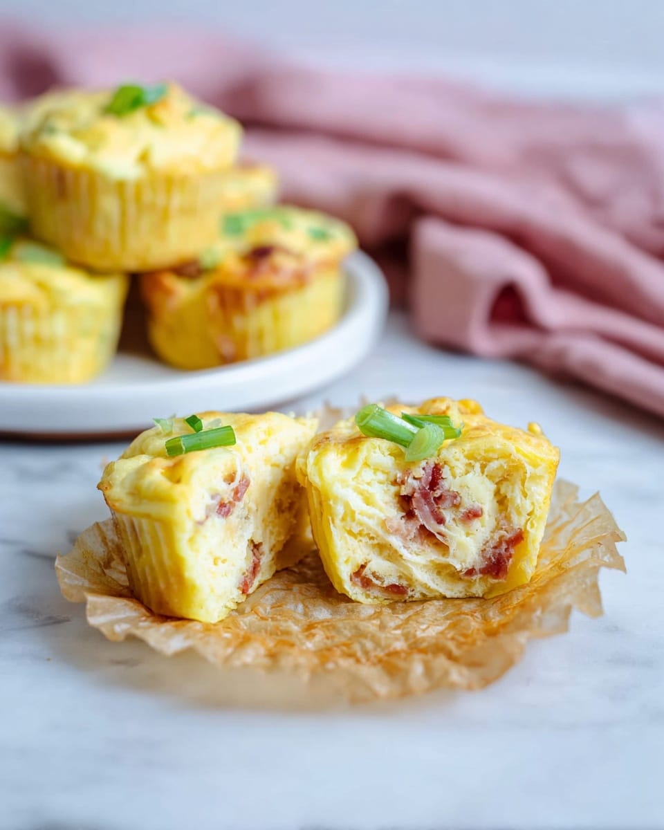 The image shows a close-up of a savory muffin cut in half placed on a crinkled light brown paper liner on a white marbled surface. The muffin has a soft, fluffy yellow egg layer on the outside with a slightly golden top, topped with small green slices of spring onion. Inside, there is a mix of light creamy cheese and small bits of reddish-brown cured meat, giving a layered texture with soft and slightly crumbly parts. In the background, a white plate holds more whole muffins with the same top garnishing, and a pink cloth is softly folded, creating a blurred backdrop. photo taken with an iphone --ar 4:5 --v 7
