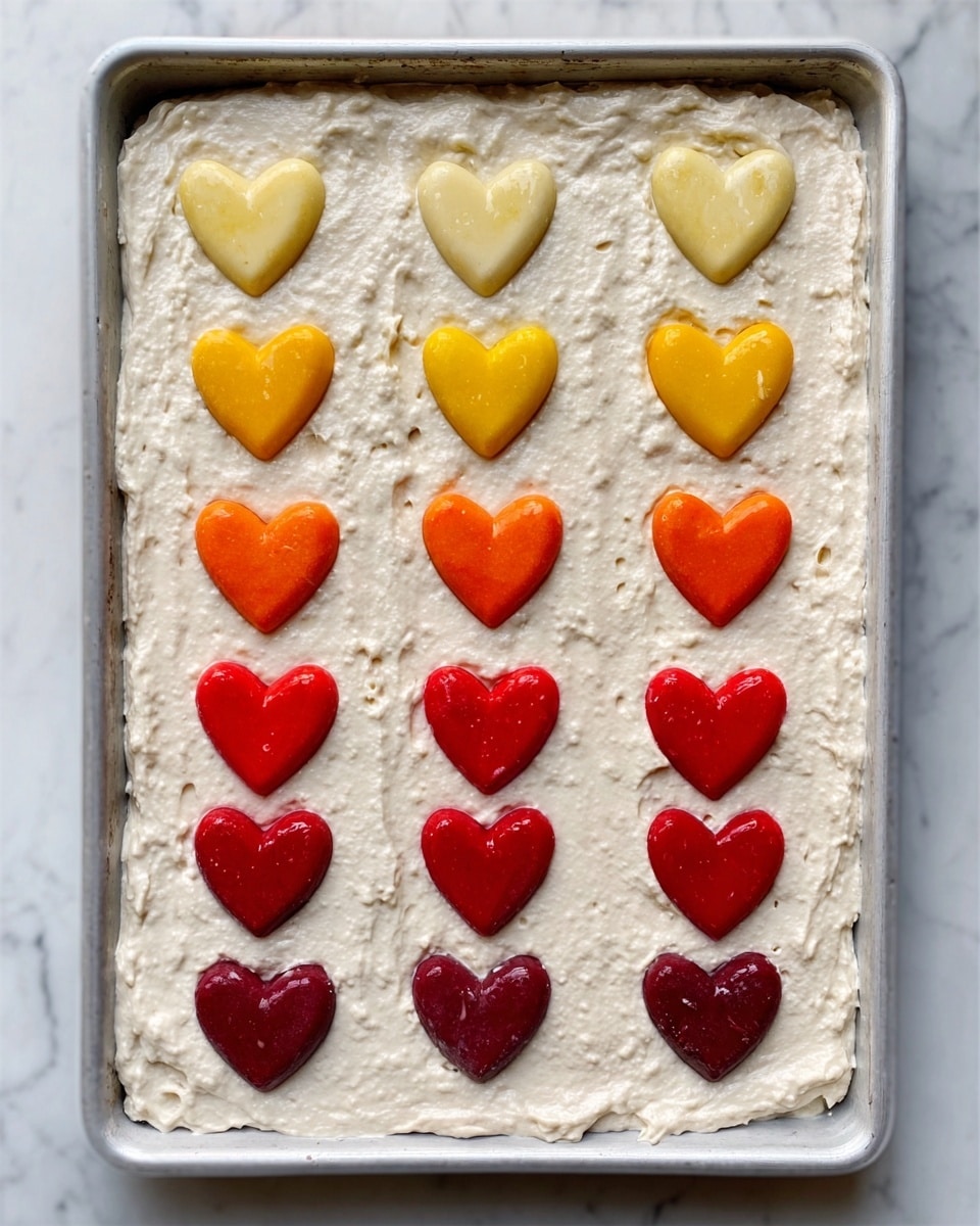 A white rectangular tray filled with a thick layer of white creamy base spread evenly across the surface. On top, there are five rows of colorful heart-shaped pieces arranged neatly in columns. Starting from the top, the hearts go from pale yellow, bright yellow, orange, red, to dark red at the bottom. The hearts have a smooth, slightly shiny texture, sitting evenly on the creamy white layer. The tray is set on a white marbled surface. Photo taken with an iphone --ar 4:5 --v 7
