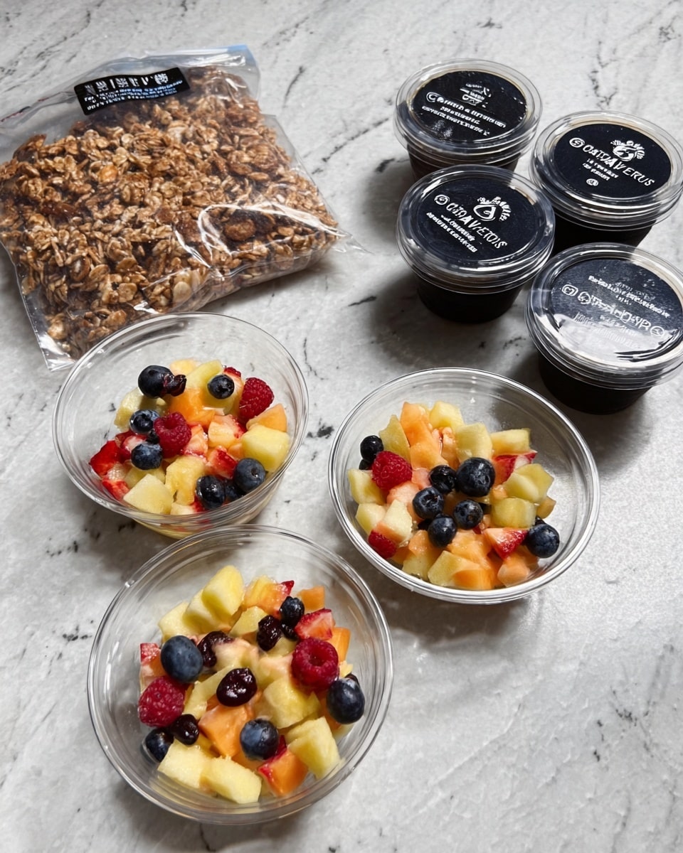 The image shows three small round glass bowls placed on a white marbled surface. Each bowl contains a mix of diced fruit pieces with light yellow and orange colors topped with small dark blue and red berries. To the right of the bowls, there are three black yogurt containers arranged in a row with white text on their lids. Behind the bowls and containers, there is a clear plastic bag filled with light brown granola clusters. Photo taken with an iphone --ar 4:5 --v 7