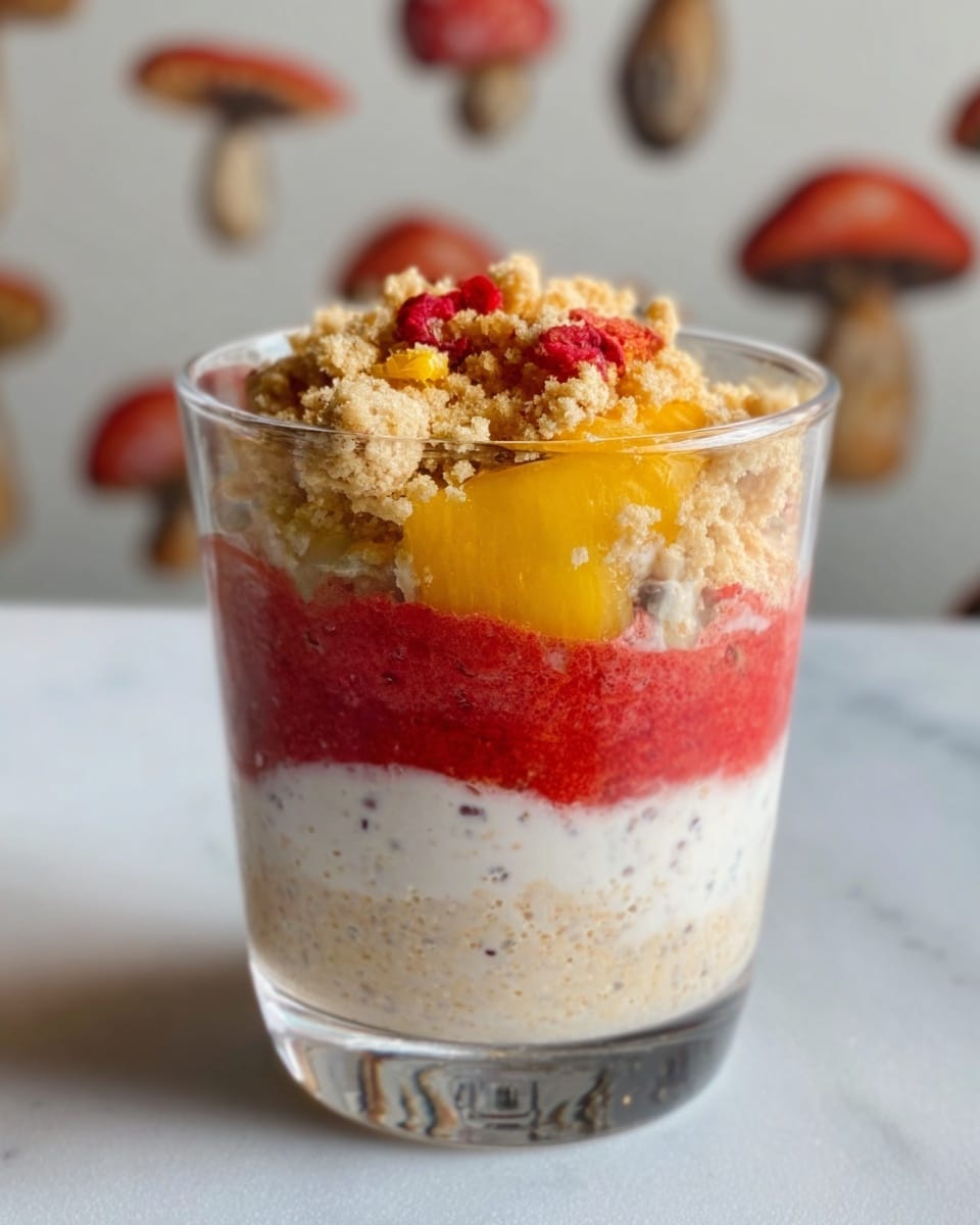 The image shows a clear glass cup filled with a colorful layered dessert placed on a white marbled surface. The bottom layer is light beige and grainy, followed by a creamy white layer with visible specks. Above that sits a bright yellow fruit piece, topped with a thick, vibrant red fruit layer. Another creamy white layer with specks follows, and the top is crowned with a crumbly, golden-brown topping mixed with small red fruit pieces. The background has a soft focus pattern with mushroom illustrations. Photo taken with an iphone --ar 4:5 --v 7