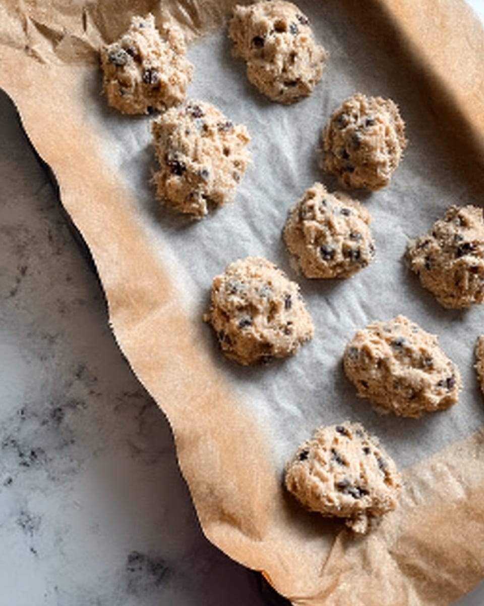 The image shows multiple small, unevenly shaped cookie dough pieces placed on a baking sheet lined with crinkled brown parchment paper. The dough is light beige with visible darker spots that look like raisins or chocolate bits scattered throughout. The pieces are spaced apart on the sheet, ready to be baked. The background surface is a white marbled texture. photo taken with an iphone --ar 4:5 --v 7