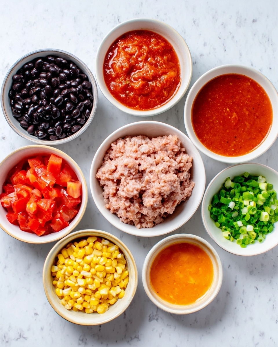 The image shows a white marbled surface with seven white bowls arranged in a loose circle. Each bowl has a different ingredient: black beans that look soft, small bright red diced tomatoes, a smooth red sauce with a slightly thick texture, crumbly cooked ground meat with a pale pinkish color, finely chopped green onions, an orange sauce with a smooth texture, and whole yellow corn kernels. The bowls vary in size but are all round and clean, placed closely yet not touching each other. The composition is bright with natural light. photo taken with an iphone --ar 4:5 --v 7