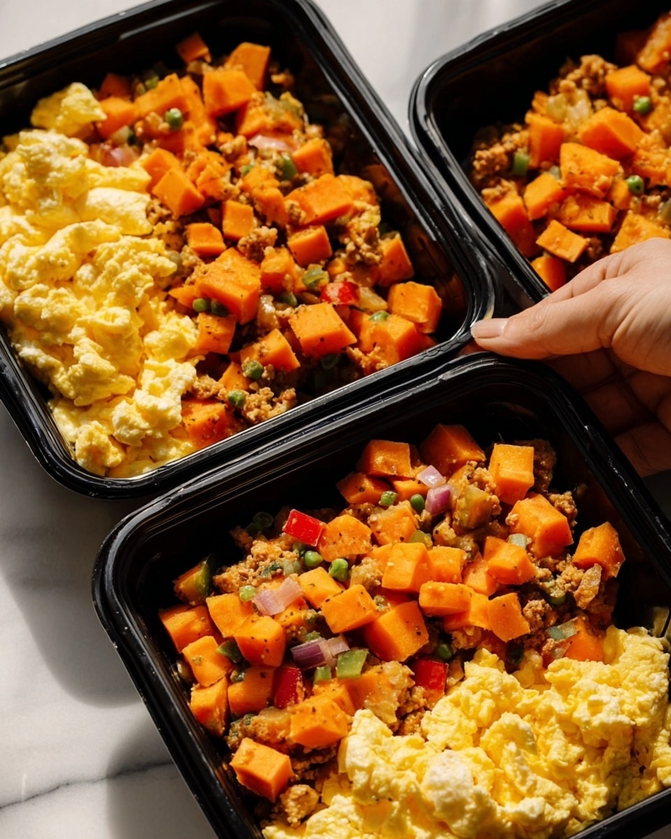 There are three black meal containers, each filled with two main layers. The first layer consists of bright orange chunks of cooked sweet potato mixed with small pieces of green and red vegetables. The second layer contains fluffy, pale yellow scrambled eggs with a soft texture. The containers sit on a white marbled surface, and a woman's hand is reaching toward the top container from the upper right side. The lighting is soft and natural. Photo taken with an iphone --ar 4:5 --v 7
