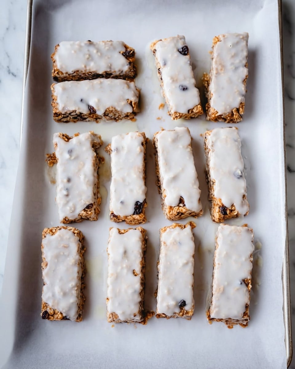 The image shows ten rectangular granola bars arranged neatly on a sheet of white parchment paper on a baking tray. Each bar is coated evenly with a smooth, white icing layer that drips slightly around the edges, revealing bits of the granola's golden brown and dark raisin textures beneath. The bars have a rough surface texture visible through the icing, with small pieces of oats and dried fruit scattered throughout. The tray is set on a white marbled surface, enhancing the clean and simple presentation. photo taken with an iphone --ar 4:5 --v 7