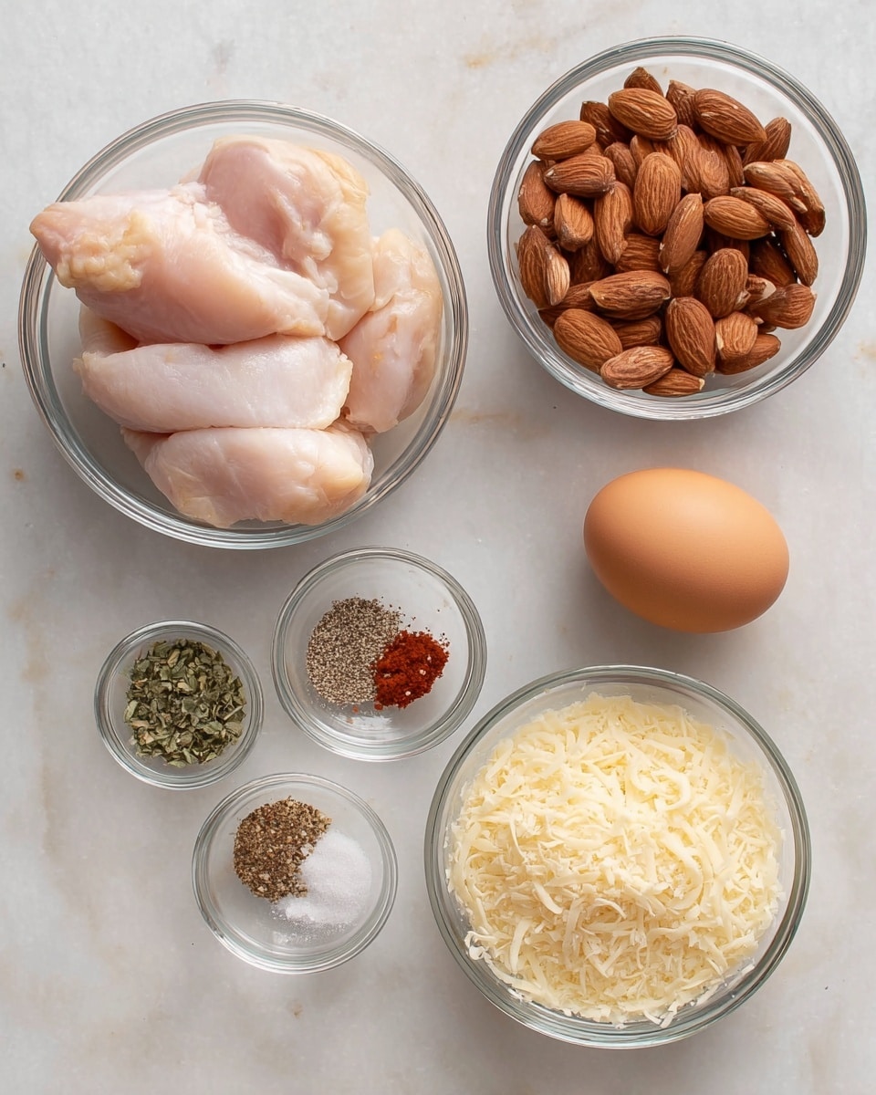 A white marbled surface holds five clear glass small bowls and an egg. The top left bowl contains several large pieces of raw chicken with a pale pink color and smooth texture. Below it sits a single brown egg. To the right, a medium bowl is filled with whole almonds showing a rich brown and rough texture. Below the almonds, there is a small bowl with a mix of seasonings: black pepper, white salt, dried green herbs, red paprika, and white flour mixed in separate piles. At the bottom right, a bowl is filled with finely grated pale yellow cheese. Photo taken with an iphone --ar 4:5 --v 7