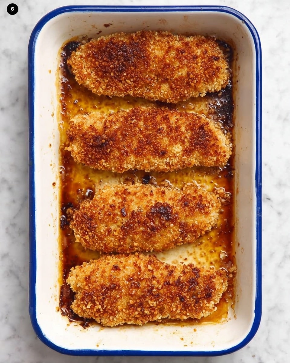 The image shows a white rectangular baking dish with a blue rim sitting on a white marbled surface. Inside the dish, there are four pieces of golden-brown breaded meat placed in a single layer, each piece evenly spaced. The coating looks crunchy and slightly textured, with darker browned spots around the edges where the oil or juice has caramelized, creating a shiny amber-colored layer underneath and between the pieces. The overall look is crispy and cooked perfectly, suggesting a hot and fresh meal. Photo taken with an iphone --ar 4:5 --v 7
