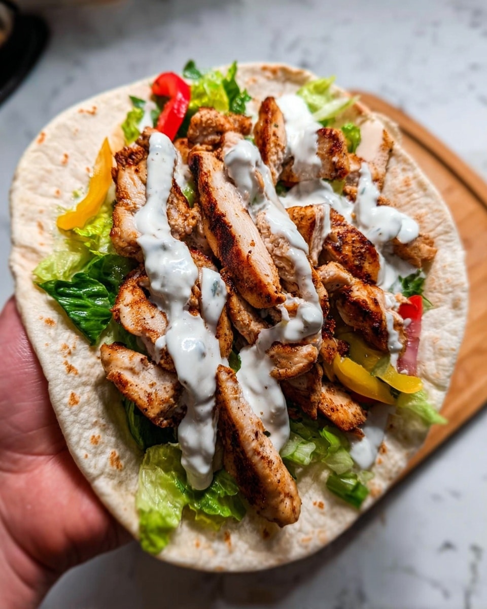 A flat white tortilla filled with three main layers: the bottom layer is fresh green lettuce with some sliced yellow and red bell peppers, the middle layer has cooked golden-brown grilled chicken strips arranged unevenly, and the top layer is drizzled with white creamy sauce. The tortilla is held by a woman's hand shown on the left side, with a white marbled surface in the background. Photo taken with an iphone --ar 4:5 --v 7