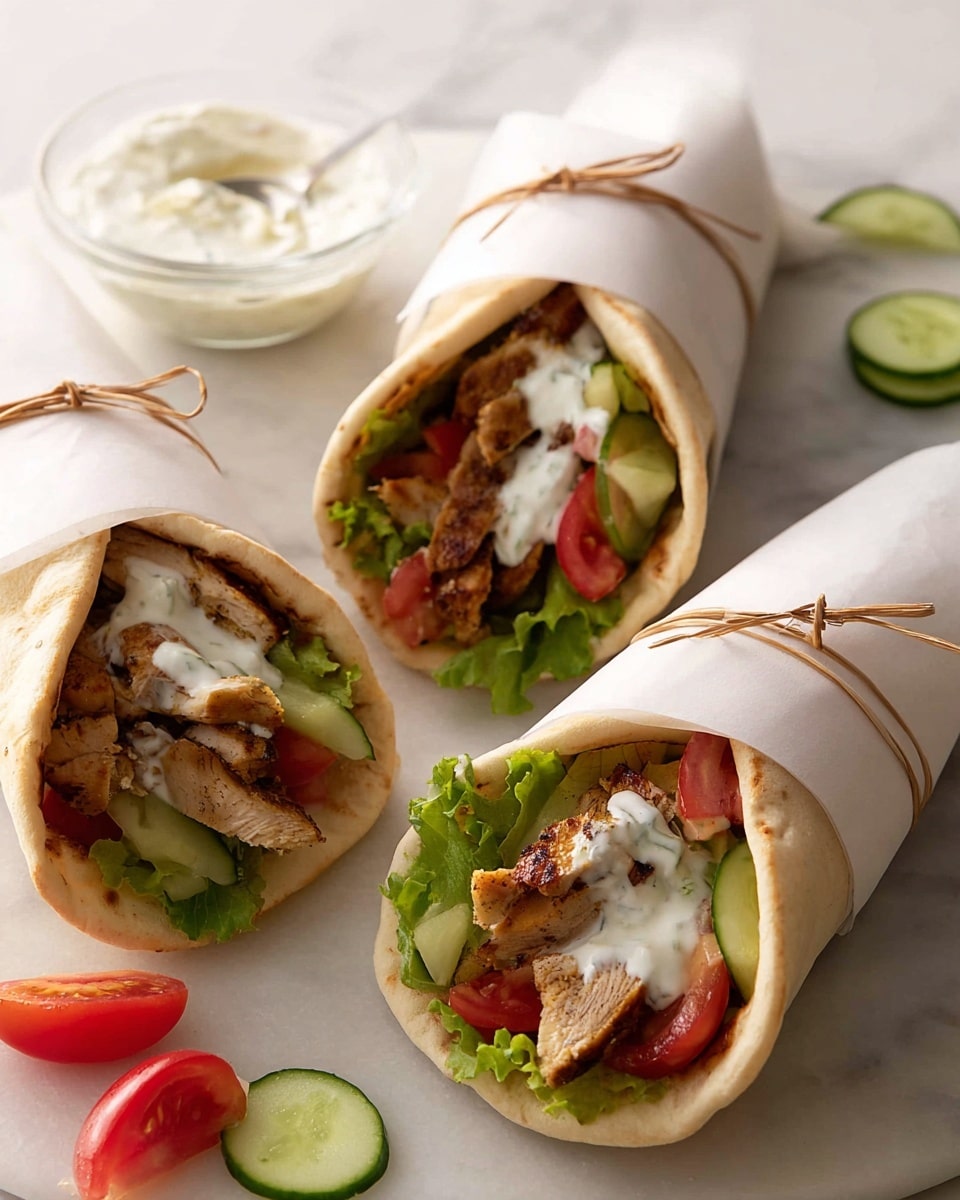 Three pita wraps rest on a white marbled surface, each wrapped in white paper tied with thin brown string. Inside each soft, round pita, layers are visible: green lettuce at the base, vibrant cucumber slices, bright red tomato chunks, and brown grilled chicken pieces with crispy edges. A creamy white sauce drips over the chicken and vegetables in each wrap. Nearby, a clear glass bowl holds more of the same creamy white sauce, with a few cucumber and tomato slices scattered around. The photo is softly lit, showcasing the fresh, colorful layers of the wraps. photo taken with an iphone --ar 4:5 --v 7