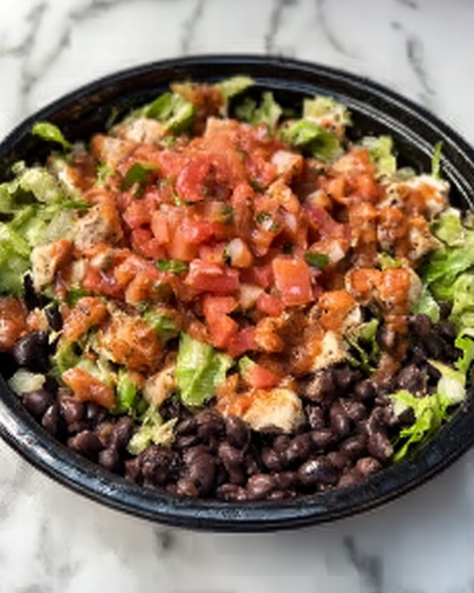 The dish is presented in a black container with a clear view of multiple layers. The bottom layer consists of dark black beans spread evenly. On top of the beans, there is a layer of light green chopped lettuce mixed with pieces of beige cooked chicken. Small red tomato cubes are scattered over the lettuce and chicken, adding brightness to the dish. A reddish sauce with a smooth texture covers parts of the tomato and lettuce layer, focusing mainly in the center and spreading unevenly. The image is set against a white marbled surface. Photo taken with an iphone --ar 4:5 --v 7