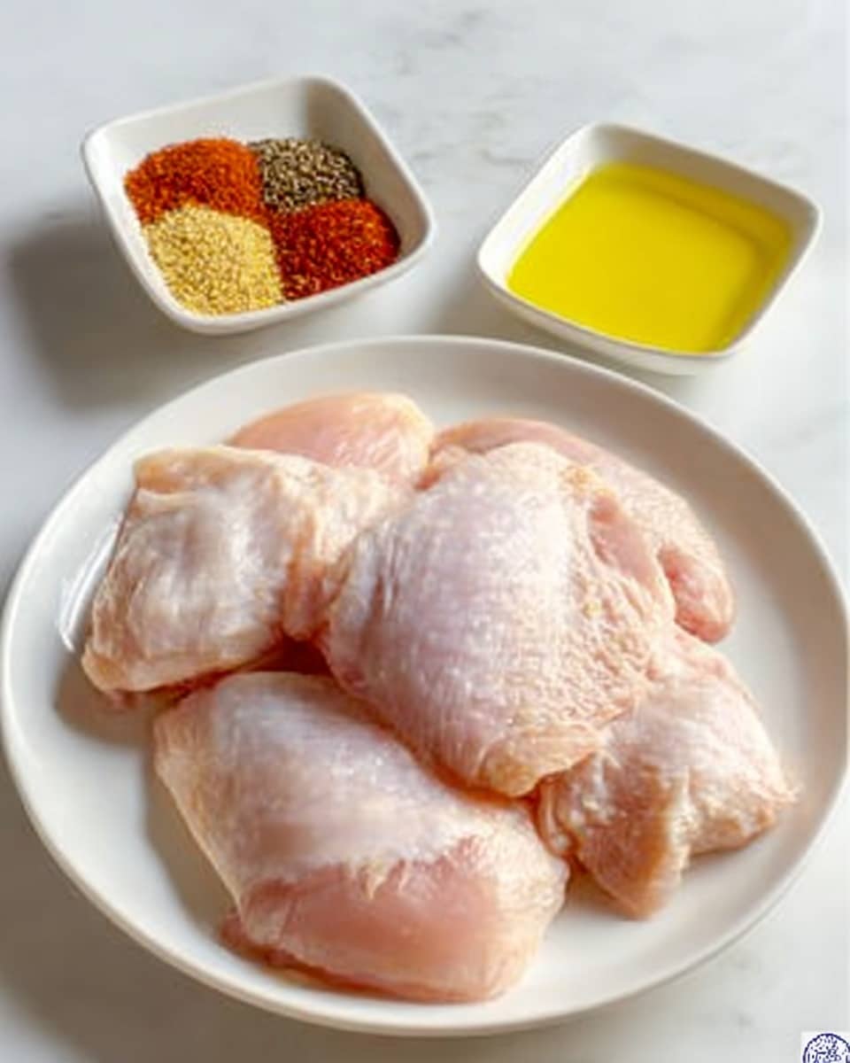 A white plate on a white marbled surface holds five pieces of raw chicken arranged in a slightly overlapping manner. Nearby, there are two small square white bowls: one contains a mixture of spices including powdery red, black, and yellow colors, while the other is filled with clear yellow olive oil. The scene is well-lit, showing the smooth texture of the chicken and the fine grains of the spices. Photo taken with an iphone --ar 4:5 --v 7