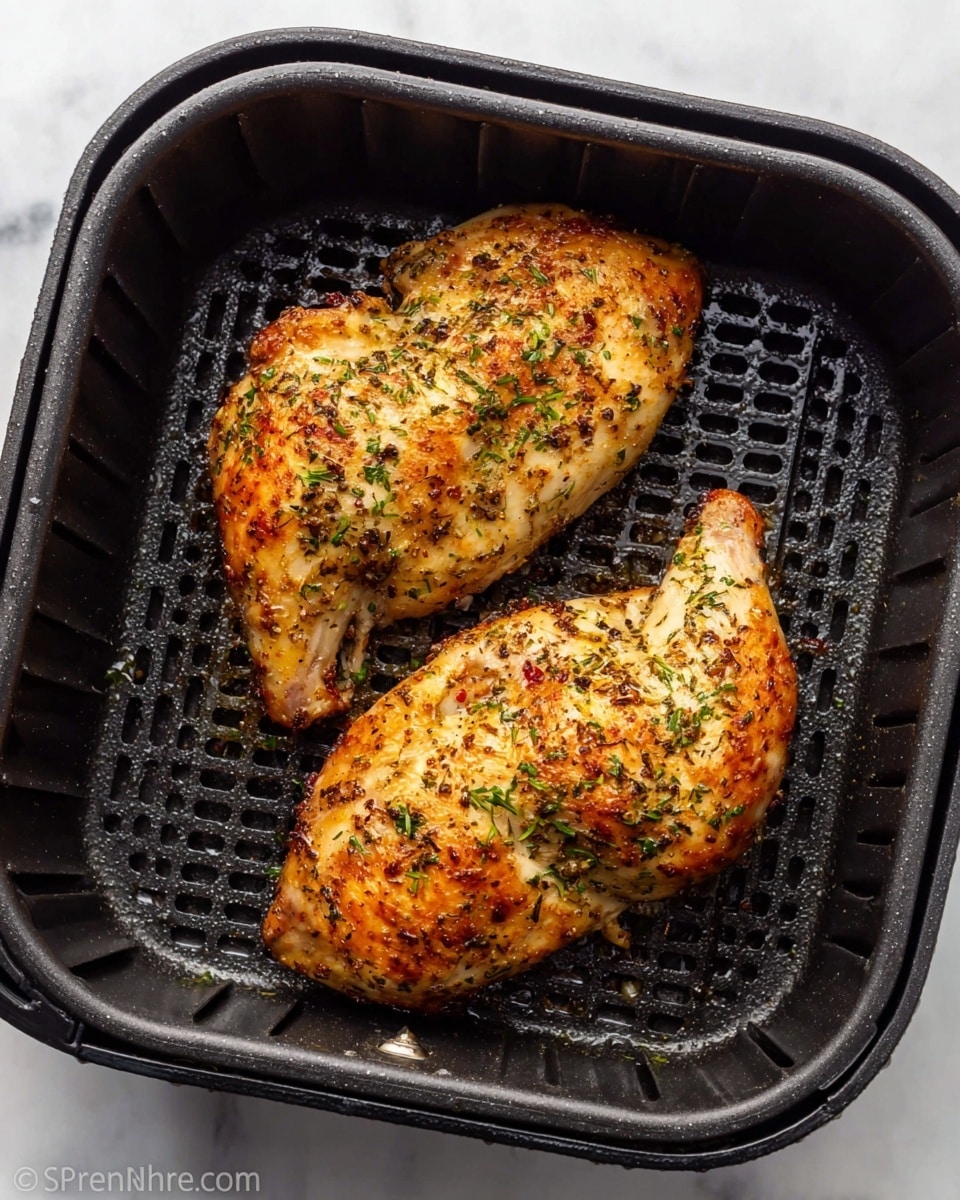 Two pieces of cooked chicken with a golden brown and crispy skin are in a black air fryer tray. The chicken is seasoned with green herbs on top. The tray has small holes under the chicken showing the black bottom. The chicken pieces are placed parallel to each other in the center. The background is a white marbled texture photo taken with an iphone --ar 4:5 --v 7