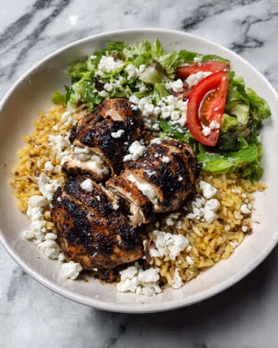 A white bowl on a white marbled surface holds two rolled pieces of dark brown grilled chicken layered with white cheese inside. Beside the chicken is a portion of yellow rice cooked with small bits of spices, and next to the rice is a fresh green salad with lettuce and sliced red tomatoes. The chicken looks slightly charred with a textured surface, topped with crumbled white cheese. Photo taken with an iphone --ar 4:5 --v 7
