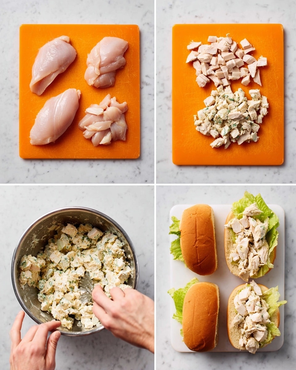 The image shows four steps of a chicken salad sandwich preparation on a white marbled surface. The top left section displays three pieces of raw chicken on an orange cutting board: two whole pieces and one shredded piece with visible texture. The top right section shows the same orange cutting board with the shredded chicken chopped into small cubes in a pile. The bottom left section features a woman's hand mixing the chicken cubes with creamy ingredients in a stainless steel bowl, with the mixture showing a chunky, creamy texture. The bottom right section presents the final step, with the creamy chicken salad placed inside four sandwich buns, two open-faced on the white marbled surface and two closed, showing a creamy light mixture filling and fresh green lettuce underneath. photo taken with an iphone --ar 4:5 --v 7