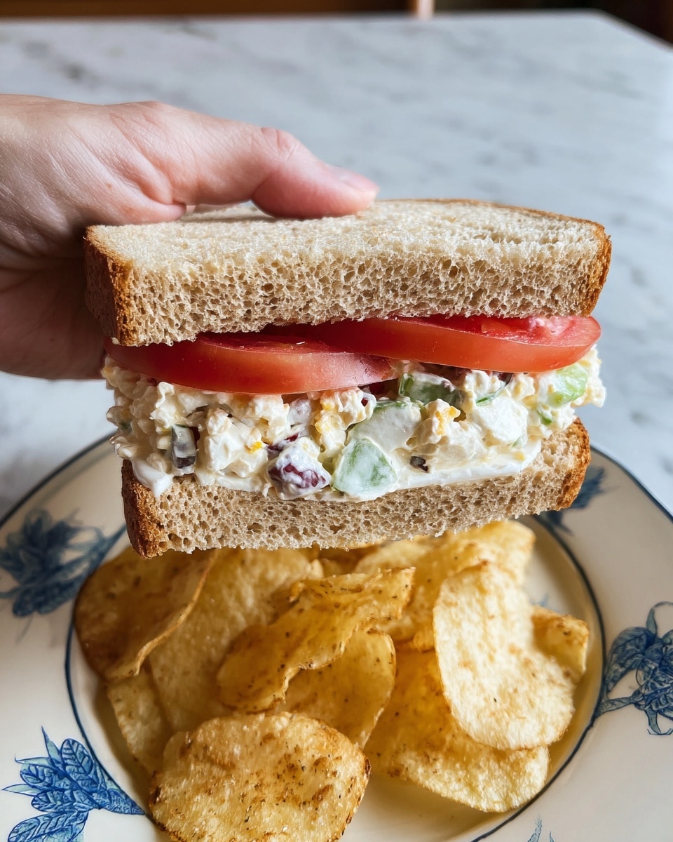 The image shows a sandwich held by a woman's hand above a white plate with a blue design, placed on a white marbled surface. The sandwich has two slices of light brown whole wheat bread. Inside, there is a layer of white cheese at the bottom, topped with slices of red tomato. Above the tomato, a creamy mix contains white pieces, light green chunks, and small dark bits, resembling a salad with vegetables and dressing. Next to the sandwich on the plate is a pile of golden-brown potato chips with a slightly rough texture. Photo taken with an iphone --ar 4:5 --v 7