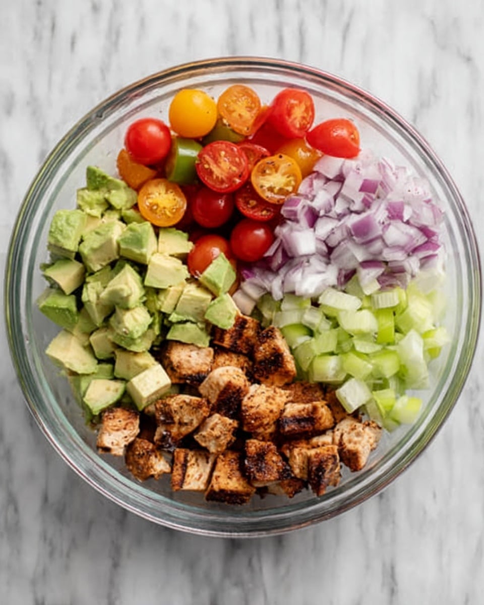 A clear glass bowl holds five different ingredients, each in separate sections forming a colorful mix. One section has small green avocado pieces with smooth texture, next to bright red and yellow cherry tomato halves, shiny and fresh. Another part shows pale purple chopped onions with a slightly rough texture, beside light green chopped celery with a firm look. The last section contains grilled chicken chunks turned brown with some black grill marks. The bowl sits on a white marbled surface. photo taken with an iphone --ar 4:5 --v 7