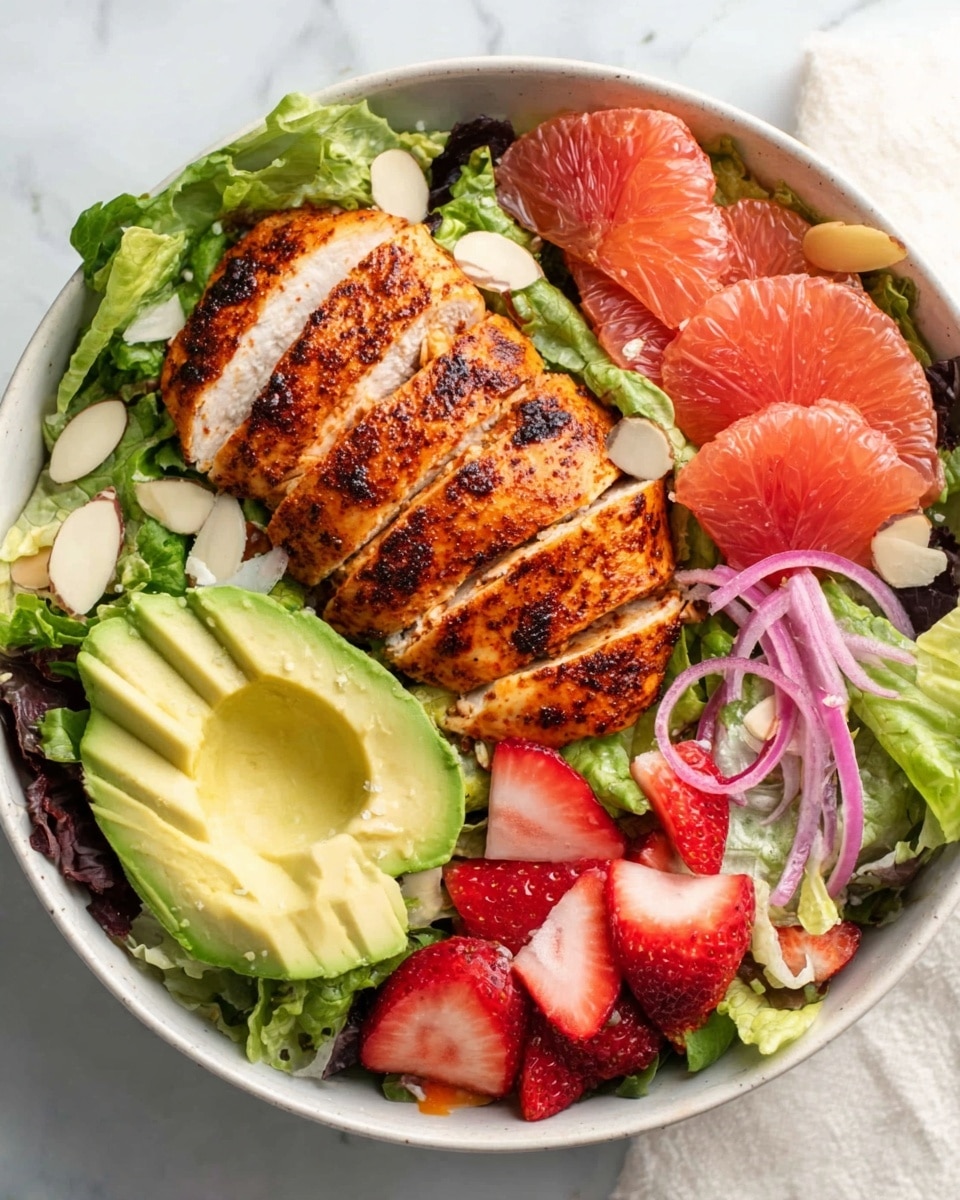 The image shows a white bowl filled with a colorful salad on top of a white marbled surface. The salad has grilled chicken slices with a reddish-brown seasoning placed in the center. Surrounding the chicken are bright green lettuce leaves, light green avocado slices on the right, and red grapefruit sections on the left and top. There are also pickled red onions, sliced strawberries, and almond slices spread evenly around. The colors are vivid and fresh, with different textures like soft fruit, crunchy greens, and tender chicken. Photo taken with an iphone --ar 4:5 --v 7