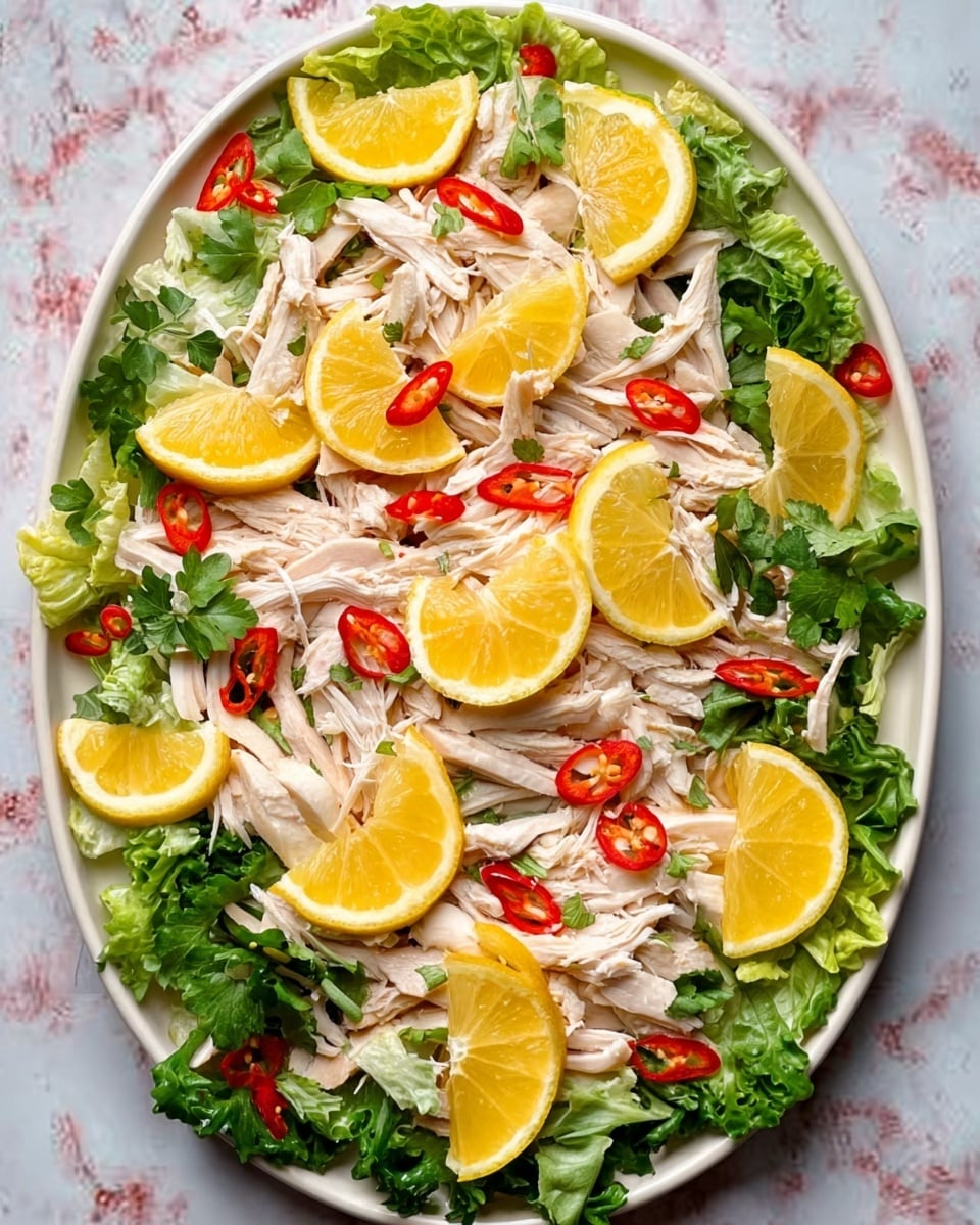 The image shows a white oval plate on a white marbled surface filled with layers of thin, pale shredded chicken arranged in the center. Around the chicken, there are evenly spaced bright yellow lemon wedges. Fresh green lettuce leaves form a border around the edge of the plate, and bright red chili slices are scattered on the lettuce, adding vibrant color. The whole dish looks fresh and colorful with clear layers of chicken, lemon, lettuce, and chili. photo taken with an iphone --ar 4:5 --v 7