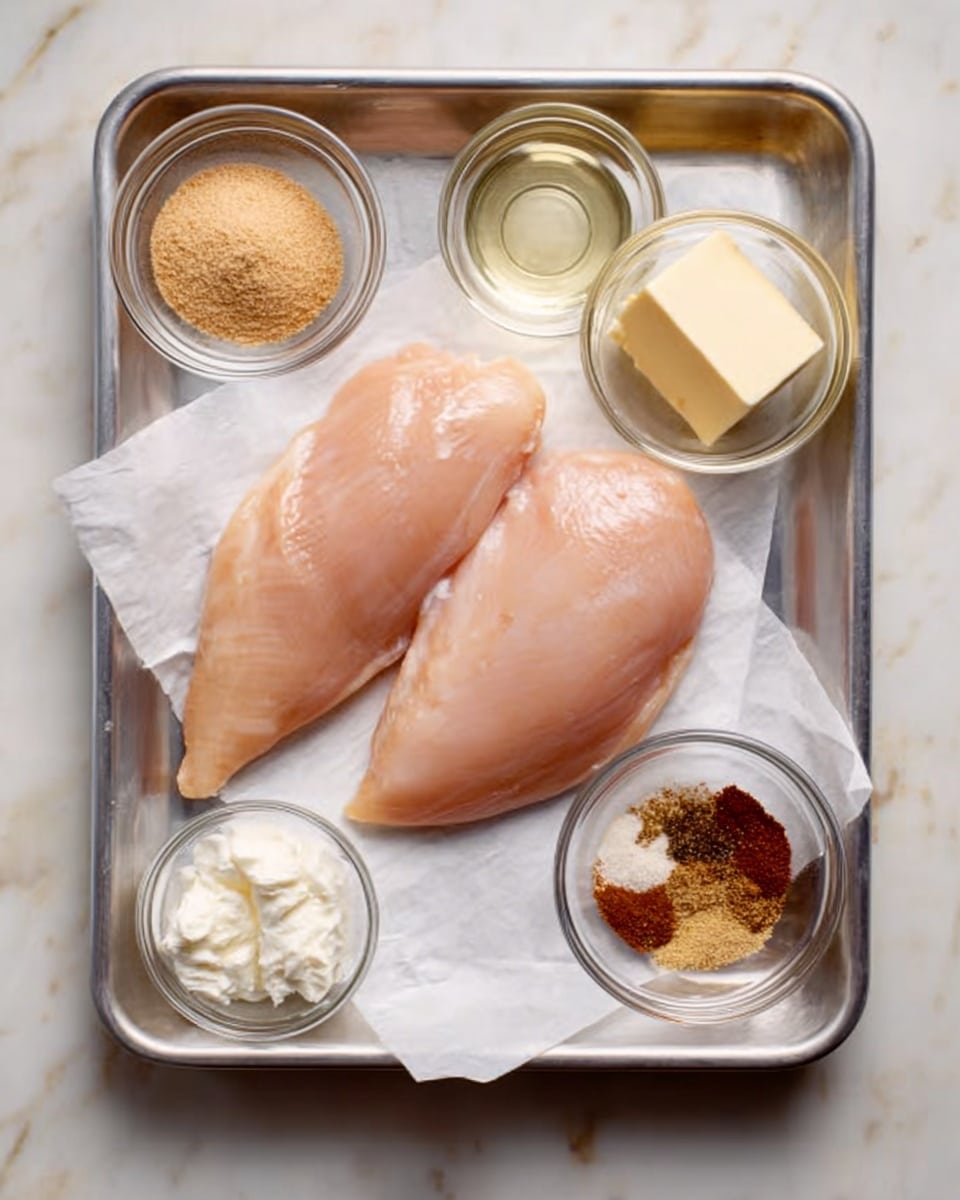 The image shows two skinless raw chicken breasts placed side by side on white parchment paper in a silver metal tray. Around the tray are five clear glass bowls, each holding different ingredients: one bowl with light brown sugar, one with a creamy white sauce, one with a small amount of light oil, one with a pale yellow block of butter, and one with a mix of spices in reddish and dark brown colors. The surface beneath the tray and bowls is a white marbled texture. photo taken with an iphone --ar 4:5 --v 7