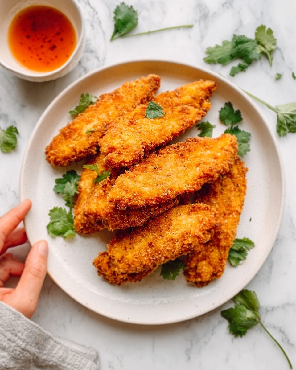 A white plate holds five golden-brown fried chicken strips stacked unevenly, showing their crispy, crumb-coated texture. The plate sits on a white marbled surface with a few sprigs of fresh green cilantro scattered around it. To the side, part of a small bowl with orange-red dipping sauce is visible. A woman's hand gently touches the edge of the plate. photo taken with an iphone --ar 4:5 --v 7