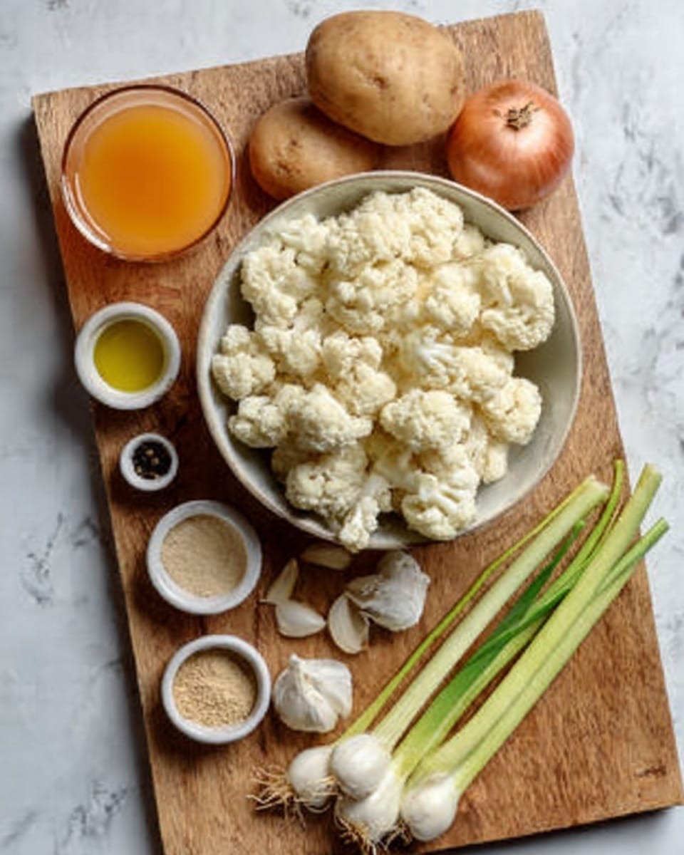 A white bowl filled with small, white cauliflower florets sits on the right side of a wooden cutting board. Around the bowl, there are ingredients placed neatly: a glass cup of orange liquid at the top left, two brown potatoes below it, a round yellow onion, three stalks of green lemongrass, a small container of beige powder, a small container of black pepper, a garlic bulb, and a small pile of olive oil in the bottom left corner of the board. The board rests on a white marbled surface. photo taken with an iphone --ar 4:5 --v 7
