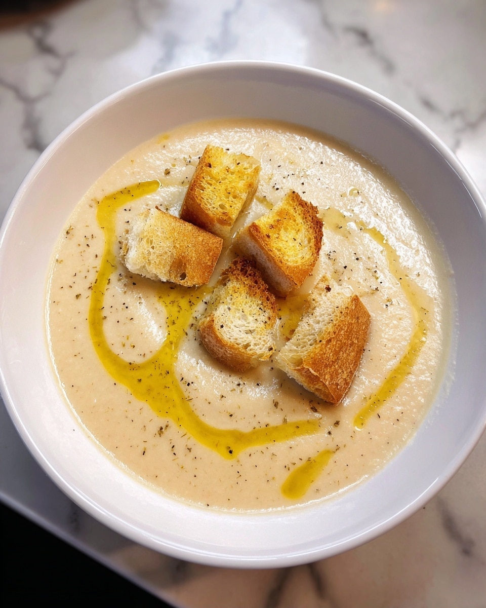 A white bowl filled with creamy light beige soup is shown, with a drizzle of golden olive oil swirled on top. There are five pieces of golden brown toasted bread chunks placed on one side of the soup. The bowl is set on a white marbled surface. The soup looks smooth with tiny specks, suggesting seasoning. photo taken with an iphone --ar 4:5 --v 7