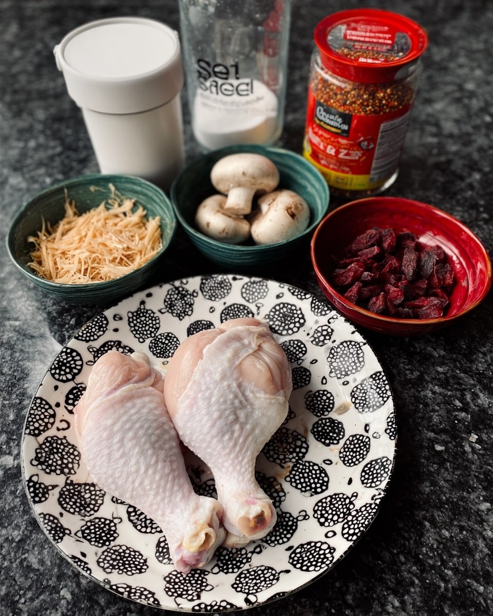 The image shows two raw chicken drumsticks placed on a white plate with a black and white circular pattern. Next to the plate, there are three small bowls: one bowl contains shredded light brown dried ingredients, the second bowl holds small dark red pieces, and the third bowl has two halved mushrooms with dark brown tops. Behind these bowls, a white container, a small clear container with red seasoning, and a large container labeled