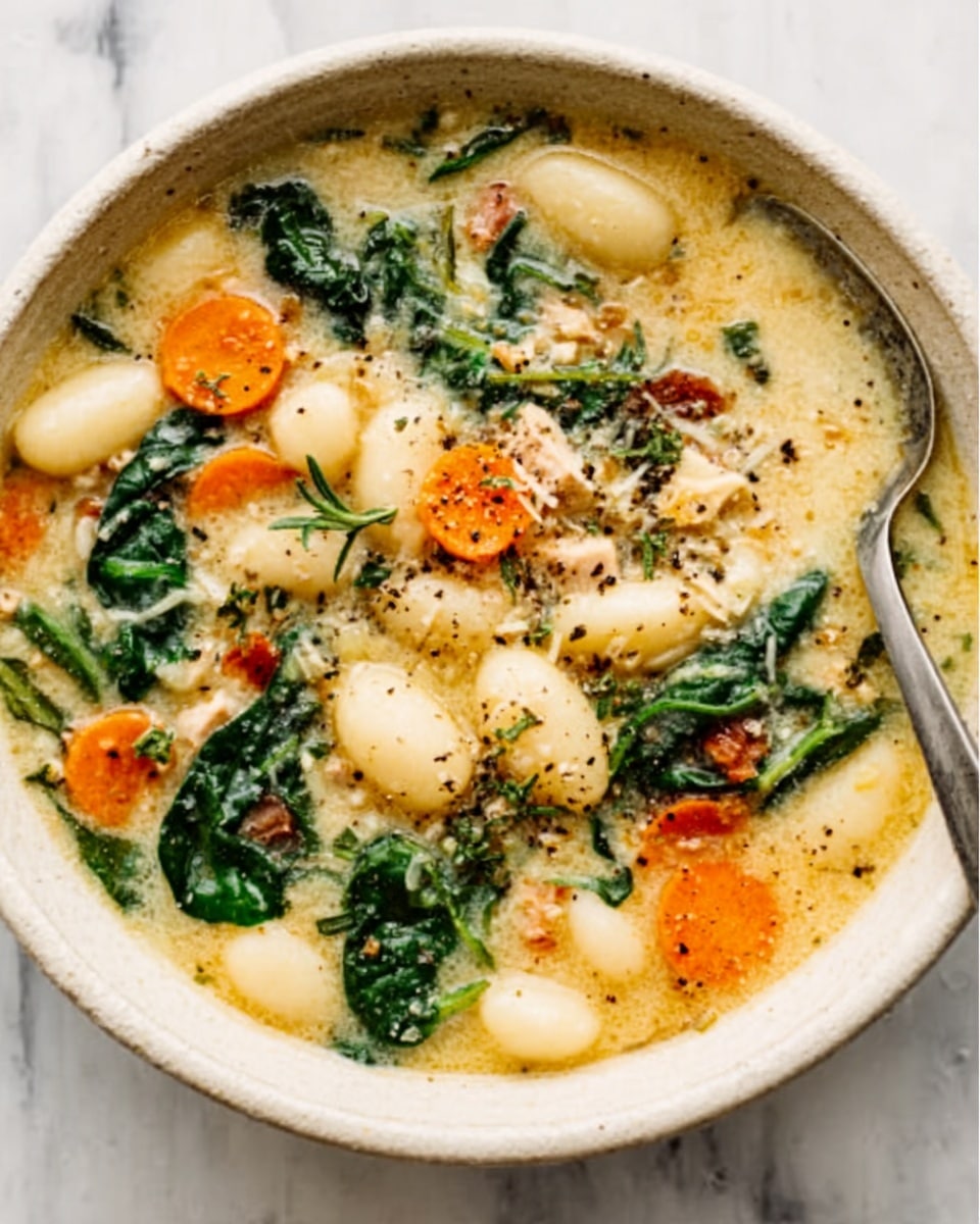 A white bowl filled with a thick soup showing layers of small white gnocchi, bright orange carrot slices, dark green spinach leaves, and small bits of cooked chicken scattered throughout. The soup broth is light and creamy with visible herbs and black pepper sprinkled on top. A silver spoon rests inside the bowl on the right side, partially submerged in the soup. The bowl sits on a white marbled surface. photo taken with an iphone --ar 4:5 --v 7