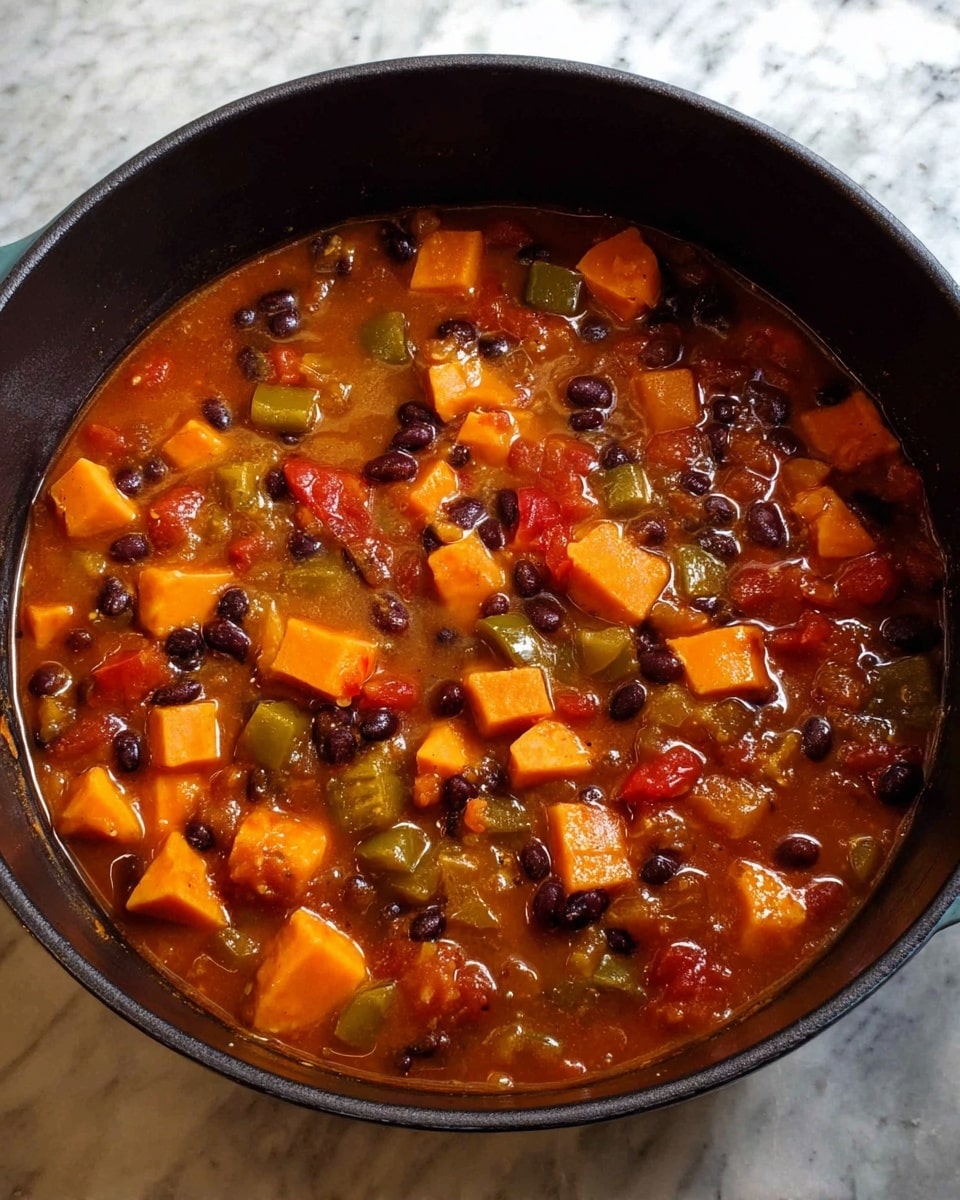 This image shows a black pot filled with a chunky stew of three visible layers: the bottom layer is a rich, reddish-brown broth, the middle layer consists of orange cubes of cooked sweet potatoes scattered throughout, and the top layer has a mix of black beans, diced green peppers, and small pieces of red tomatoes spread evenly. The stew appears thick with a mix of soft and firm textures, and the pot sits on a white marbled surface. photo taken with an iphone --ar 4:5 --v 7