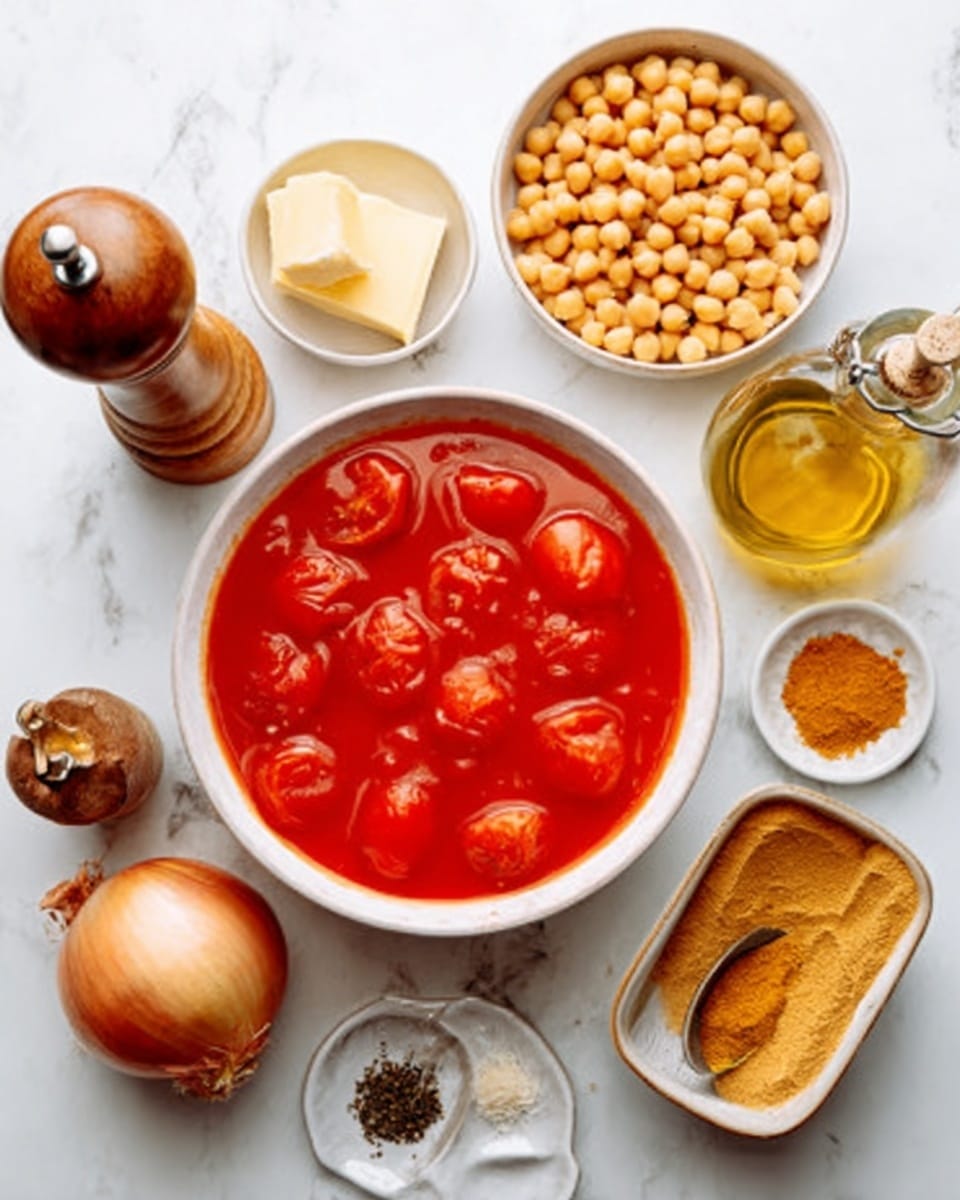 A white bowl filled with whole peeled tomatoes in a bright red tomato sauce sits on a white marbled surface. Surrounding the bowl are small white dishes holding butter, chickpeas, and spices, plus a halved onion, a wooden pepper grinder, and a bottle of olive oil. The colors range from the deep red of the tomatoes to the light beige of the chickpeas, soft yellow butter, and the clear golden olive oil, all arranged neatly. Photo taken with an iphone --ar 4:5 --v 7