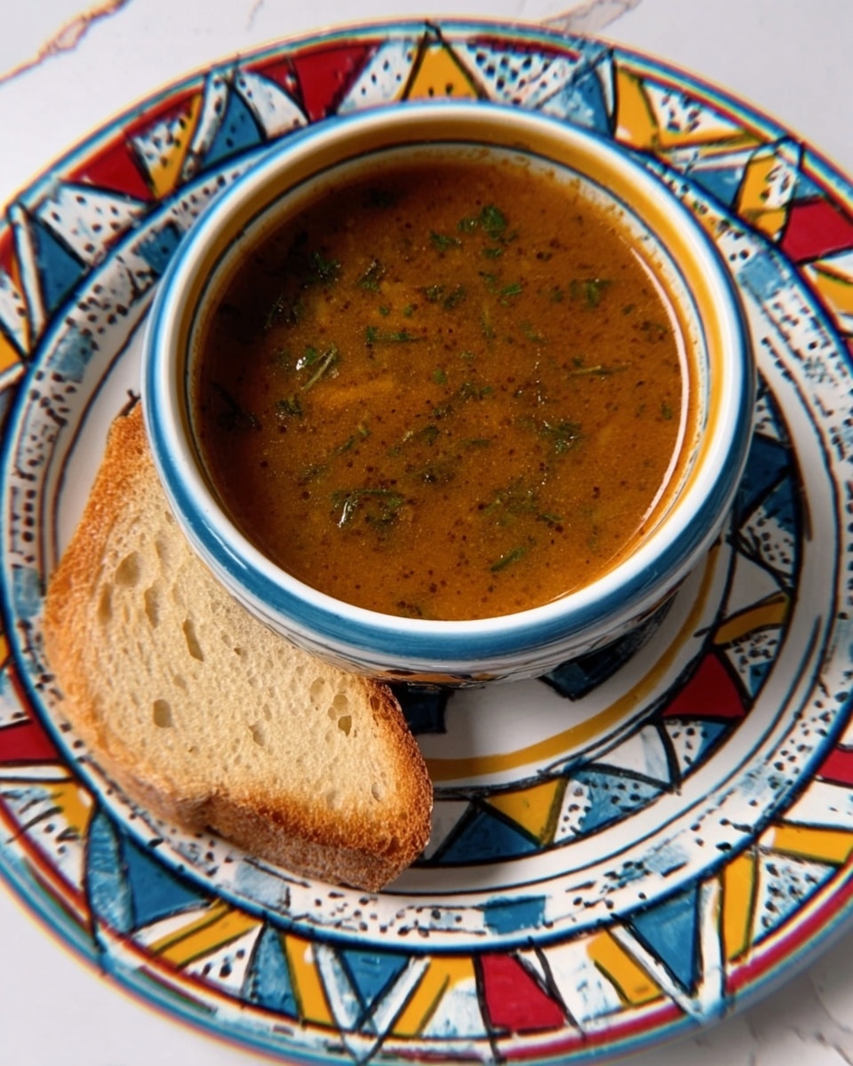 A white ceramic bowl filled with a warm, brown soup with small pieces of herbs floating in it, placed on a colorful patterned white plate with geometric shapes in blue, yellow, and red. A piece of light brown toasted bread rests next to the bowl on the plate. The background is a white marbled surface. Photo taken with an iphone --ar 4:5 --v 7