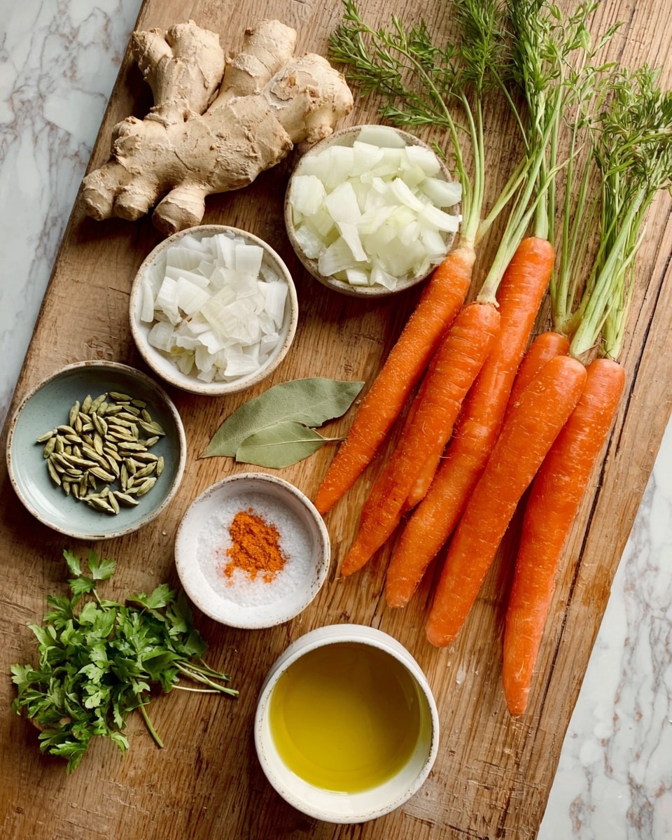 The image shows a wooden table with various cooking ingredients laid out neatly. There are six bright orange carrots with green tops, a piece of light brown ginger, a peeled white onion, chopped white onions in a small white bowl, fresh green herbs on the side, some bay leaves, two small white bowls with spices—one containing green cardamom pods and the other a ground orange spice. A small white bowl contains a yellow liquid, likely oil, and a small ceramic bowl holds white salt. The setup looks fresh and natural, arranged in a clean and organized way on the wooden surface with a white marbled texture visible in the background. photo taken with an iphone --ar 4:5 --v 7