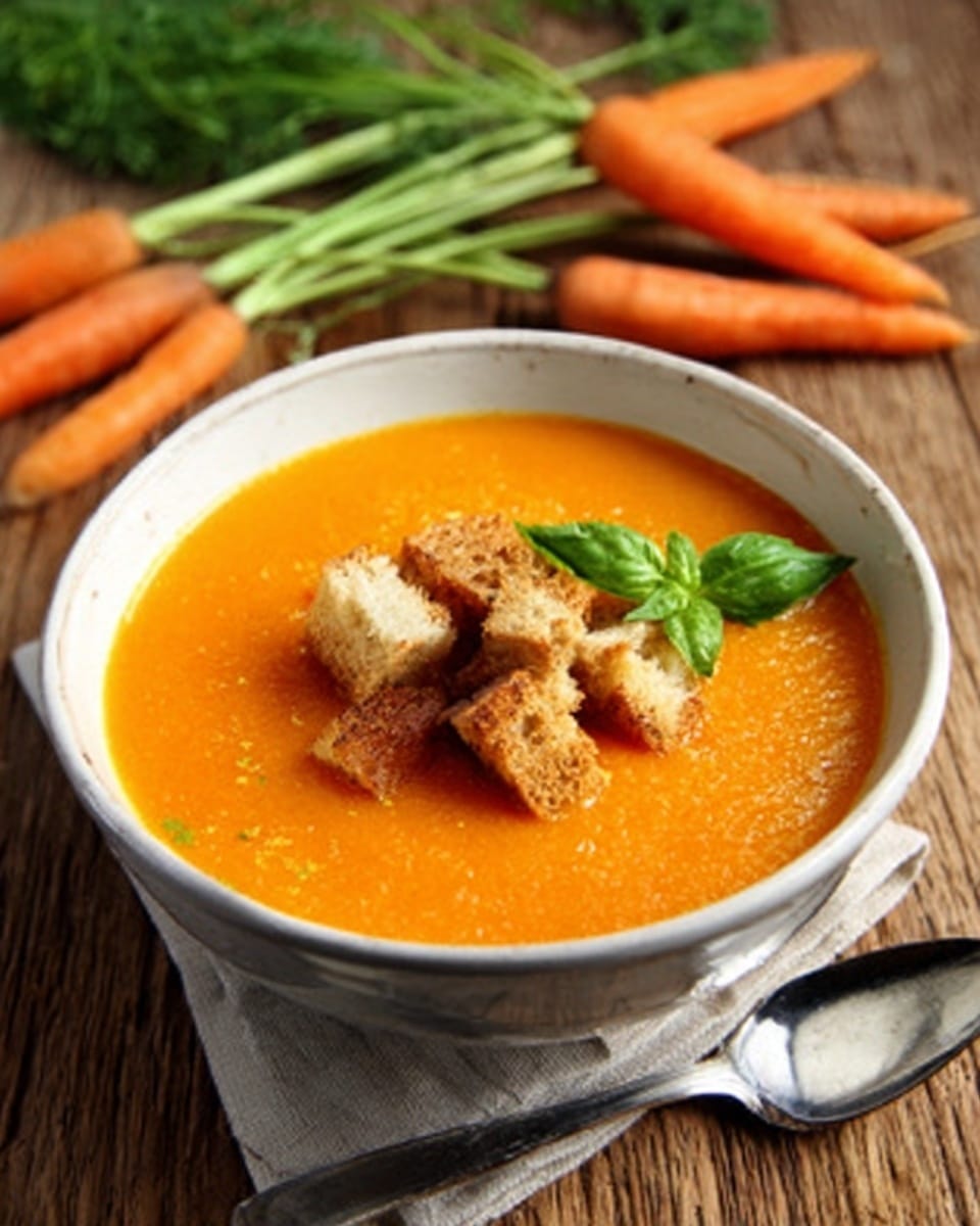 A white bowl filled with smooth orange soup, topped with pieces of toasted bread and a small green basil leaf in the center. The bowl sits on a wooden surface with a silver spoon placed next to it. In the background, some fresh carrots and green carrot tops are visible. Photo taken with an iphone --ar 4:5 --v 7