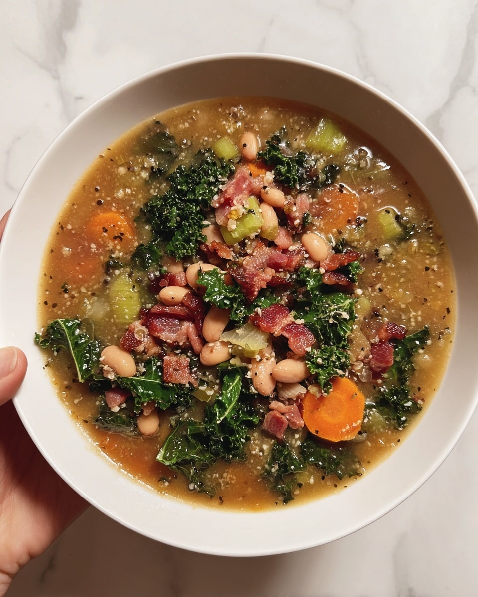 A white bowl filled with a thick soup containing multiple layers: the bottom layer is a light brown broth, sitting on top are chopped dark green kale leaves, light brown beans, small pieces of light orange carrots, light green celery, small grains of pasta resembling stars, and chunks of crispy reddish-brown bacon scattered throughout. The soup looks warm and hearty, with a mix of soft and slightly crunchy textures visible in each colorful ingredient. The bowl is held by a woman's hand over a white marbled surface. photo taken with an iphone --ar 4:5 --v 7