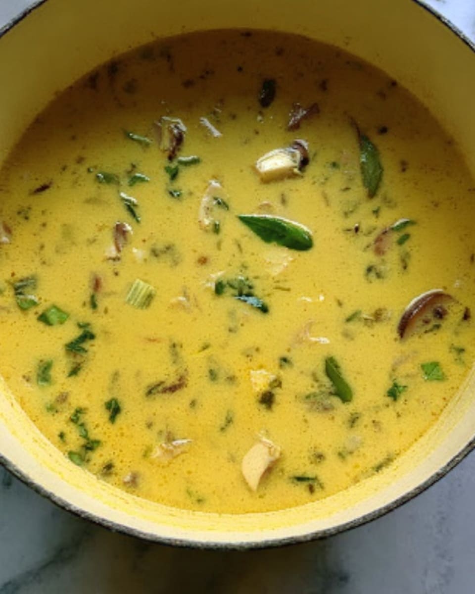 A close-up of a pot filled with a creamy yellow soup containing small pieces of green herbs, slices of mushrooms, and chunks of light-colored chicken. The soup has a smooth texture mixed with visible bits floating evenly throughout the top layer. The pot is white, and it sits on a white marbled surface. photo taken with an iphone --ar 4:5 --v 7