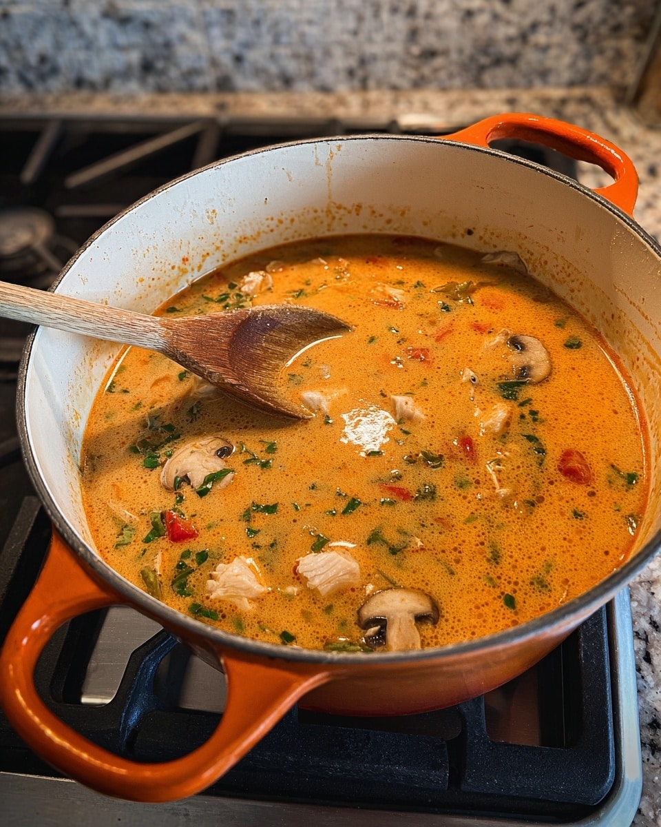 A large white pot with orange handles holds a creamy orange soup with visible layers of ingredients: chunks of white meat, thin slices of light brown mushrooms, small bright red pieces, and scattered green herbs throughout the broth. A wooden spoon with a long handle rests inside the pot, partially submerged in the mixture. The pot is placed on a stove with black burners and a white marbled textured surface around it. photo taken with an iphone --ar 4:5 --v 7