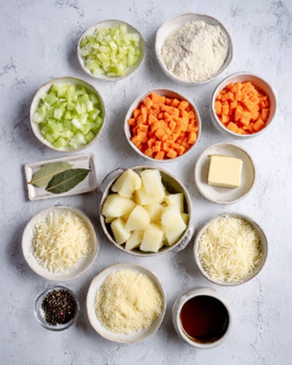 The image shows a white marbled surface with 10 small white bowls holding different ingredients arranged neatly. In the center front, there is a bowl with peeled white potato pieces. Around it, there are bowls with chopped celery (light green), diced carrots (bright orange), white flour, shredded cheese (off-white), chopped garlic, a small block of yellow butter, a dark brown liquid, and a white creamy ingredient. There is also a small rectangular dish with bay leaves and black peppercorns. The colors are soft and natural, and the bowls are evenly spaced. photo taken with an iphone --ar 4:5 --v 7