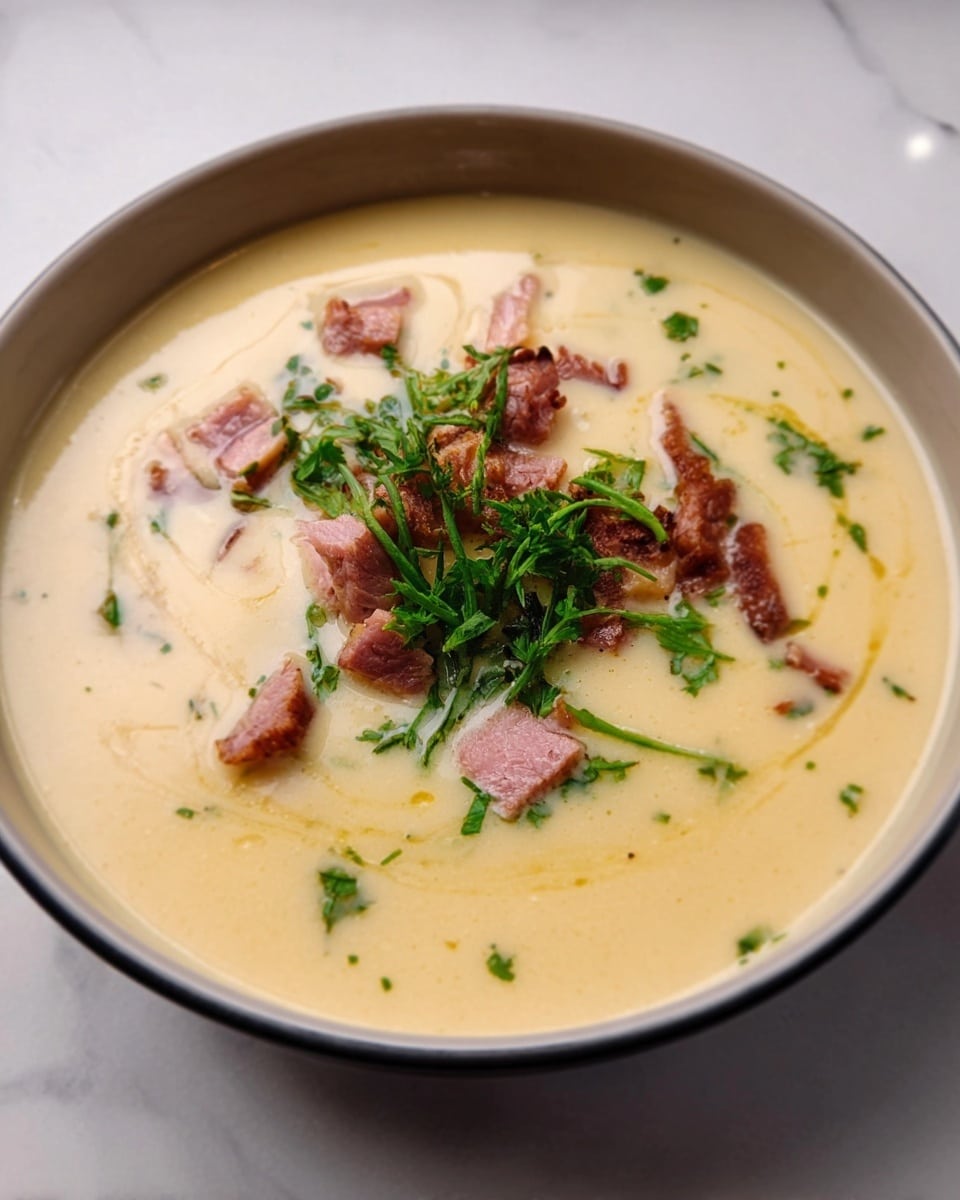 A white bowl filled with creamy light yellow soup, smooth in texture, topped with small pieces of pinkish-brown cooked meat and sprinkled with fresh green herbs. The bowl is set on a white marbled surface. photo taken with an iphone --ar 4:5 --v 7