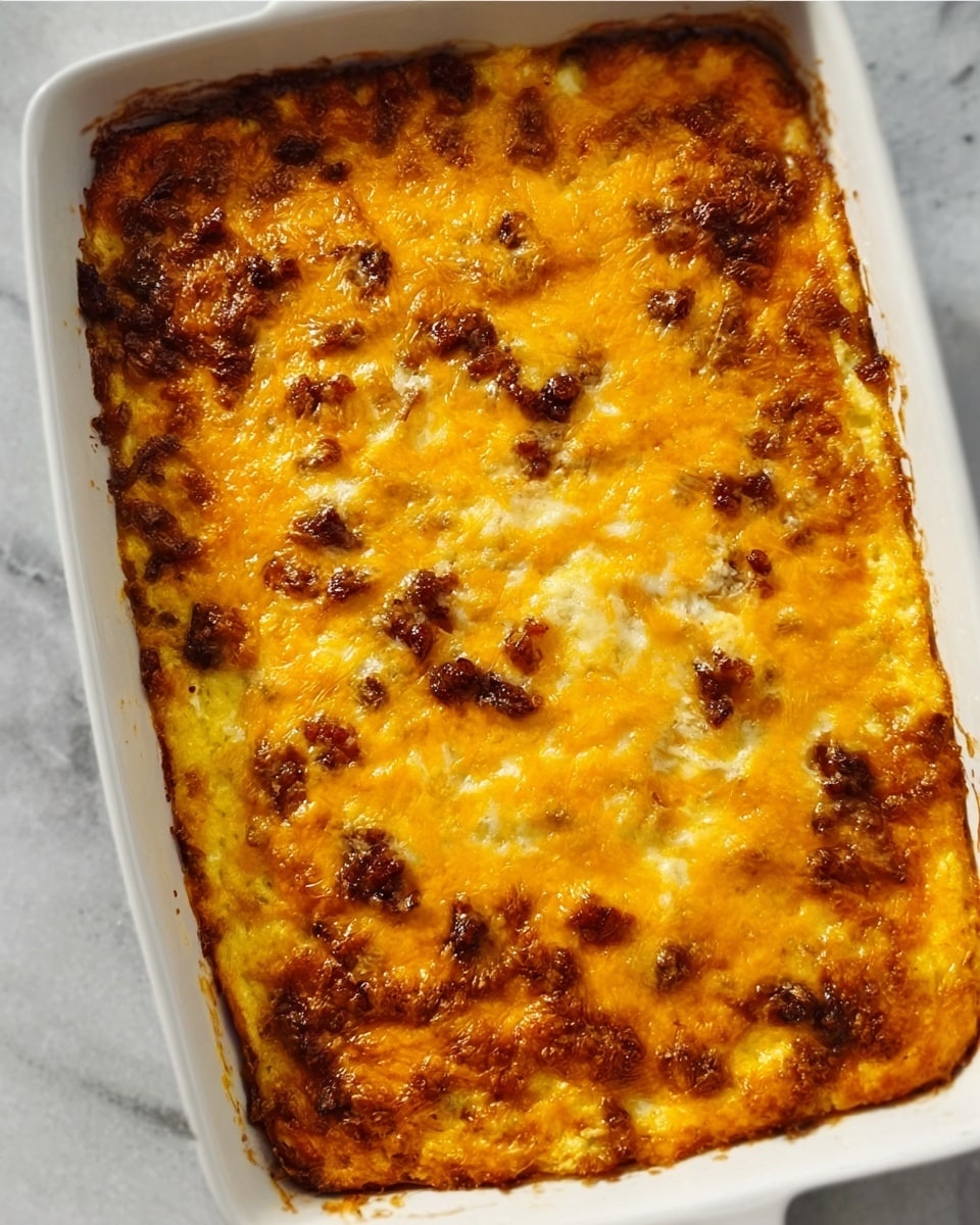 The image shows a white rectangular baking dish filled with a baked casserole. The top layer is golden brown with melted cheese that looks bubbly and slightly crispy in some spots, with small bits of browned food scattered unevenly across the surface. The dish sits on a white marbled surface. The edges of the casserole show a slightly darker baked color, indicating it has been cooked well. Photo taken with an iphone --ar 4:5 --v 7