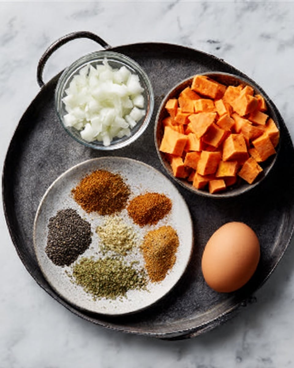 A round black metal tray holds four items on a white marbled surface: in the top right section, orange cubes of chopped sweet potato; in the top left, small white chopped onion pieces in a glass bowl; below the onion bowl, a white plate with seven separate piles of spices in various shades of light brown, green, black, and sandy yellow; and in front of the plate, a single brown egg resting on the tray. Photo taken with an iphone --ar 4:5 --v 7