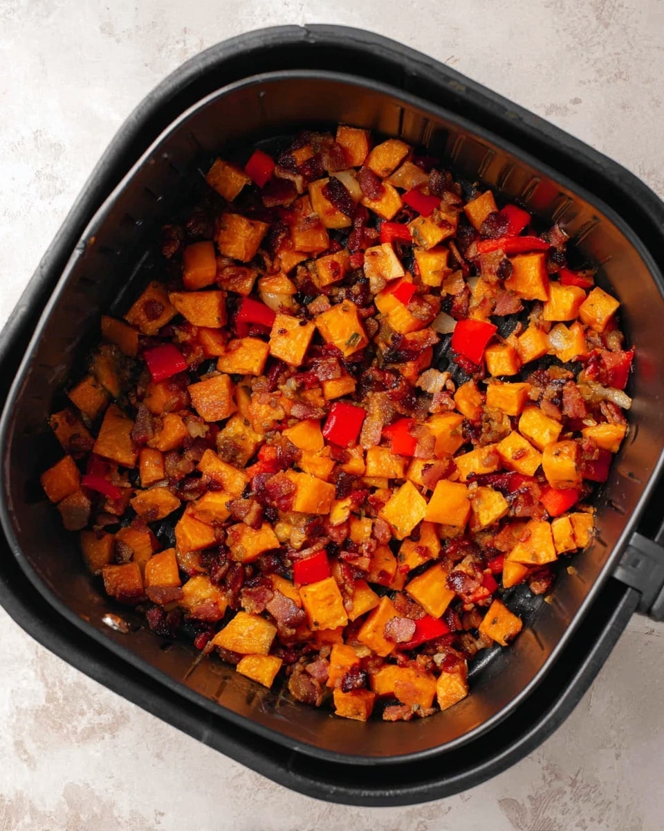 The image shows a single-layer dish inside a black air fryer basket on a white marbled surface. The dish consists of small cubes of orange sweet potatoes mixed with red bell peppers and tiny pieces of browned bacon. The sweet potatoes and bacon have a roasted texture with some parts slightly darker from cooking, and the red bell peppers add bright spots of red color throughout the mixture. The ingredients are evenly spread within the air fryer basket, creating a colorful, warm-looking roasted vegetable and bacon mix photo taken with an iphone --ar 4:5 --v 7