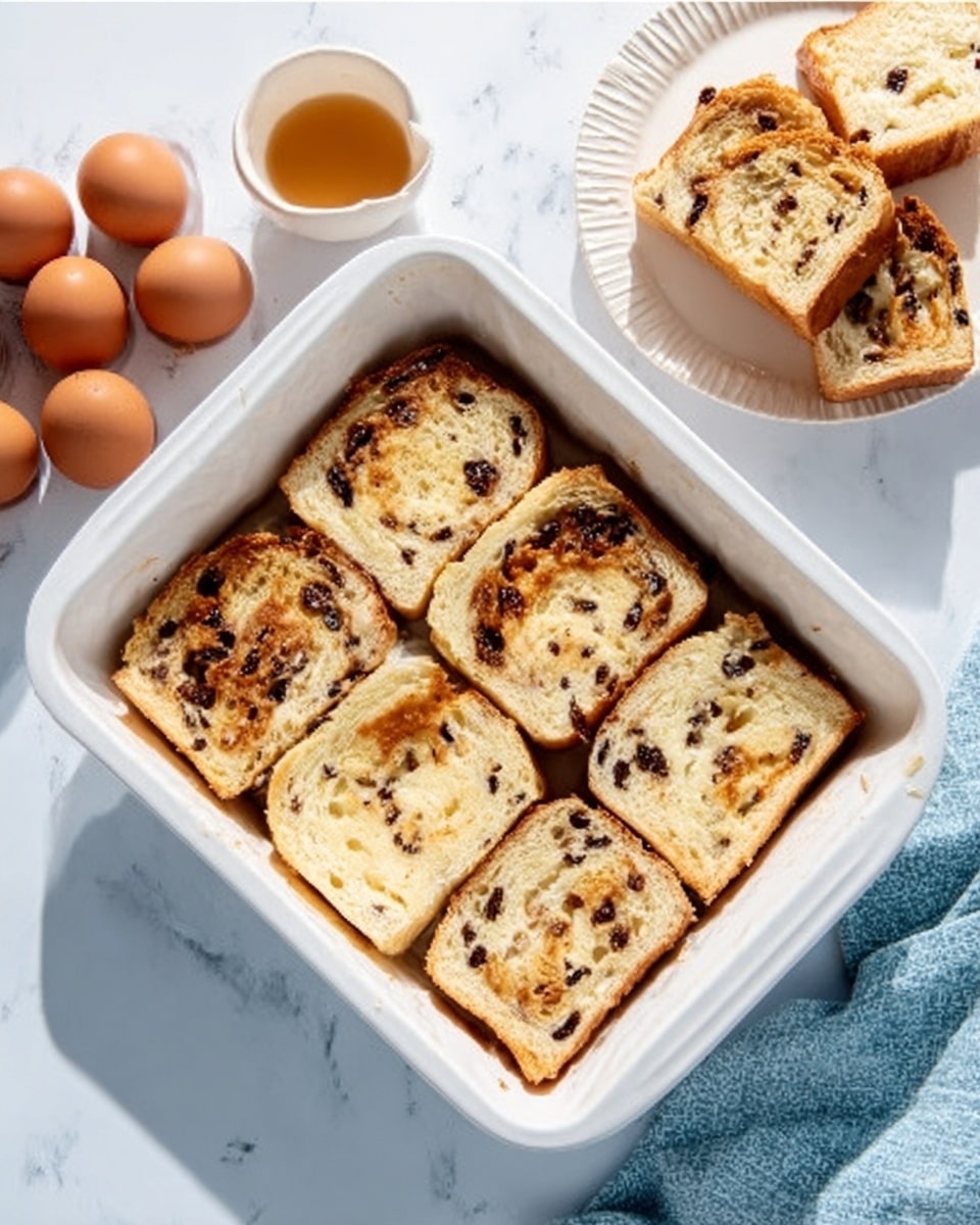 The image shows a white baking tray filled with six square slices of layered bread pudding, each slice revealing visible dark raisin pieces spread throughout the layers. The tray is placed on a white marbled surface. To the top left of the tray, there are six brown eggs arranged in two rows, and a small white bowl with a light brown liquid sits nearby. To the top right, there is a white plate holding many slices of the same raisin bread, arranged in a neat row. A folded blue cloth is partially visible at the bottom right corner. The lighting is bright and natural, emphasizing the creamy and soft texture of the dish photo taken with an iphone --ar 4:5 --v 7