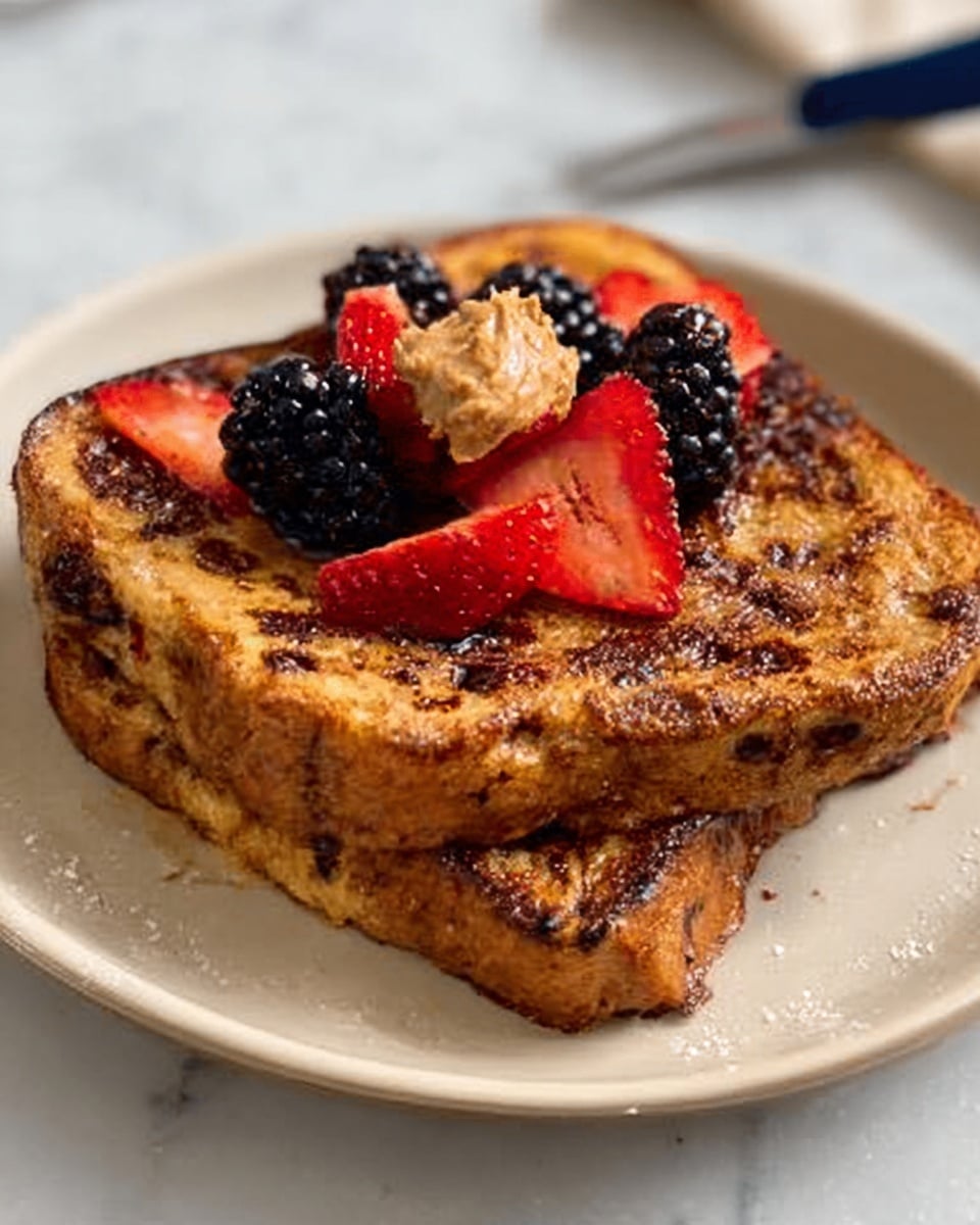 The image shows two slices of French toast stacked on a white plate, each slice golden brown with a slightly crispy texture and some darker spots from cooking. On top of the toast are fresh strawberries and blackberries arranged in a small pile, with a dollop of creamy peanut butter placed in the center above the berries. The background has a soft, white marbled surface, and near the top, a woman's hand holds a knife. The photo taken with an iphone --ar 4:5 --v 7
