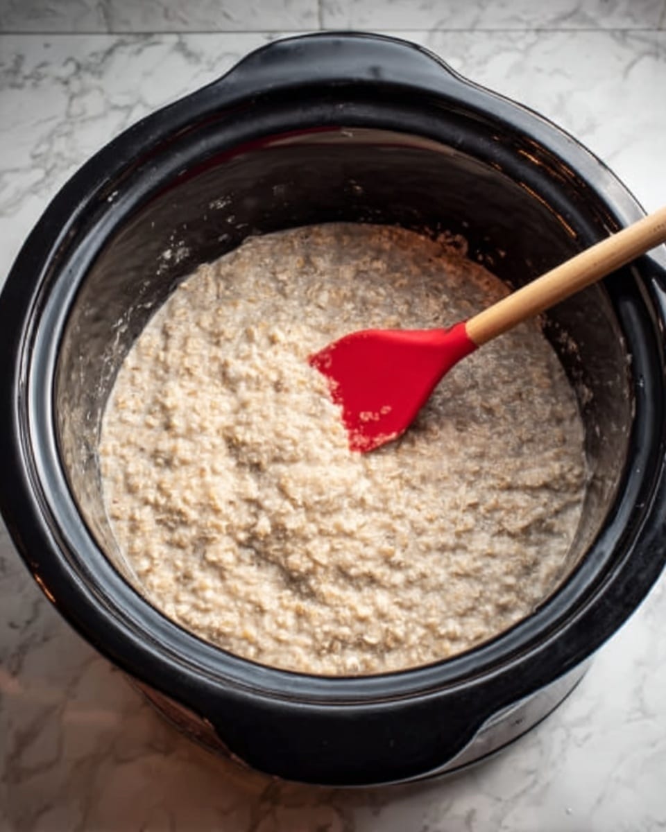The image shows a black slow cooker filled with a thick, creamy oatmeal mixture. A red silicone spatula is partially inside the cooker, resting on the oatmeal. The oatmeal appears soft and slightly lumpy with a beige color. The slow cooker is sitting on a kitchen counter with a white marbled texture surface. photo taken with an iphone --ar 4:5 --v 7