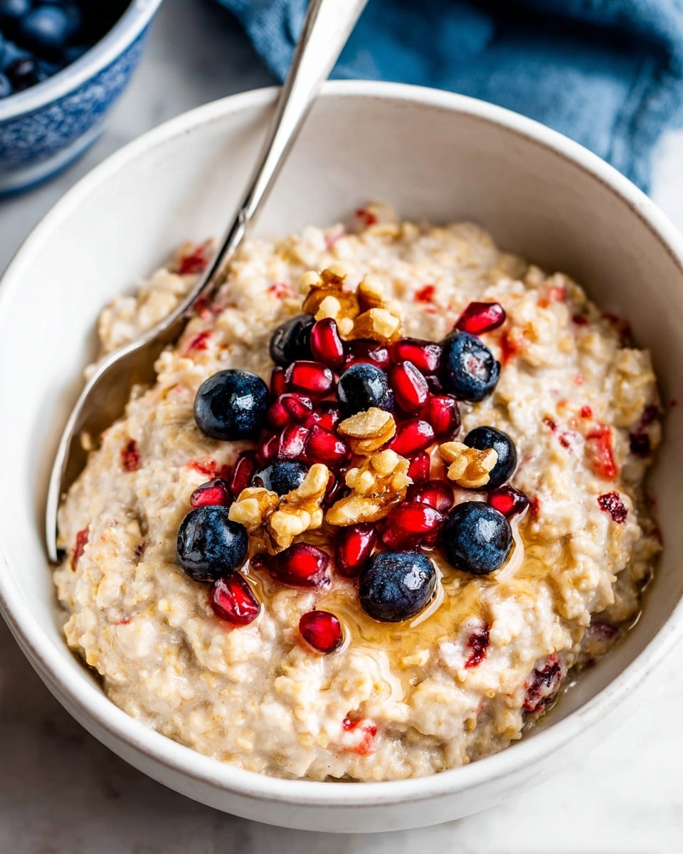 A white bowl filled with thick creamy oatmeal mixed with small bits of red fruit throughout, topped with a handful of shiny dark blue blueberries, bright red pomegranate seeds, and light brown crunchy nut pieces. A silver spoon rests inside the bowl on the left side. The bowl sits on a white marbled surface with a hint of a blue cloth nearby. The oatmeal has a soft, slightly chunky texture with syrup drizzled lightly over the top. Photo taken with an iphone --ar 4:5 --v 7