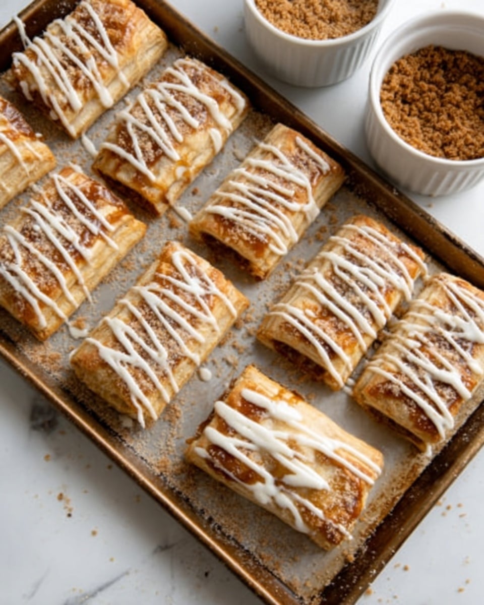 The image shows a baking tray with eight rectangular pastries lined in two rows. Each pastry has layers of golden brown crust and a filling that looks brownish with a soft texture. On top, there is a thick drizzle of white icing in diagonal lines, adding a creamy contrast. The baking tray is placed on a white marbled surface. In the background, there are two white round bowls, one filled with a brown crumbly topping and the other with a similar brown ingredient, both adding to baking preparation. photo taken with an iphone --ar 4:5 --v 7