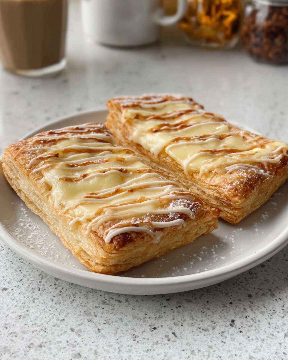 Easy Pumpkin Danish Recipe 5 The image shows two rectangular pastries placed side by side on a white plate, set on a white marbled surface. Each pastry has a golden-brown, flaky crust with fine layers visible along the edges. The center of each pastry is filled with light beige melted cheese that looks soft and slightly bubbly. On top of the cheese, there are thin, pale brown drizzle lines of sauce or glaze arranged in a zigzag pattern, adding contrast to the creamy cheese. The pastries have slightly raised puffy edges that frame the filling neatly. In the background, there are blurred containers and decorative items. photo taken with an iphone --ar 4:5 --v 7