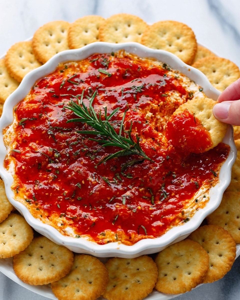 This image shows a white round dish filled with a dip made of a bright red, chunky tomato layer on top, seasoned with herbs sprinkled all over and garnished with a small rosemary sprig in the center. The tomato layer has a shiny, slightly wet texture and sits evenly across the entire surface. Around the dish, there is a ring of light golden round crackers neatly arranged on a white marbled surface. A woman's hand is holding one cracker partially dipped into the tomato dip near the edge of the dish. Photo taken with an iphone --ar 4:5 --v 7